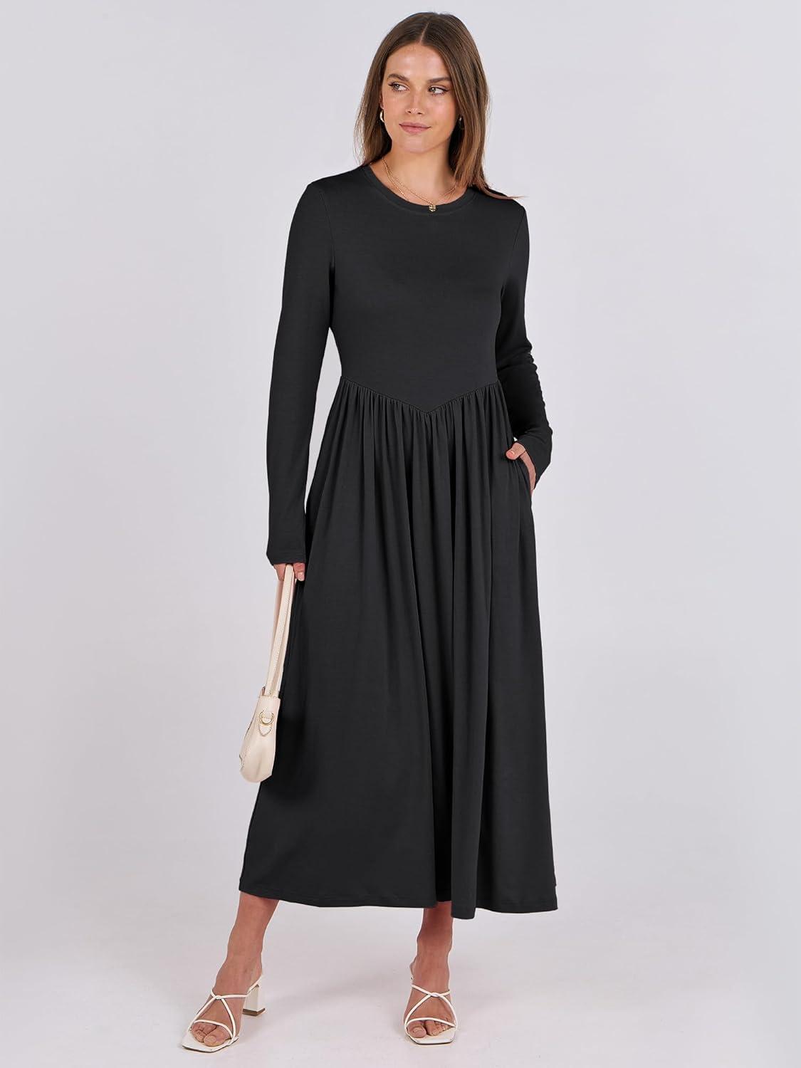 imageANRABESS Womens Long Sleeve Elegant Modest Drop Waist Maxi Dress 2025 Fall Casual Flowy Pleated Long Dresses with PocketsBlack