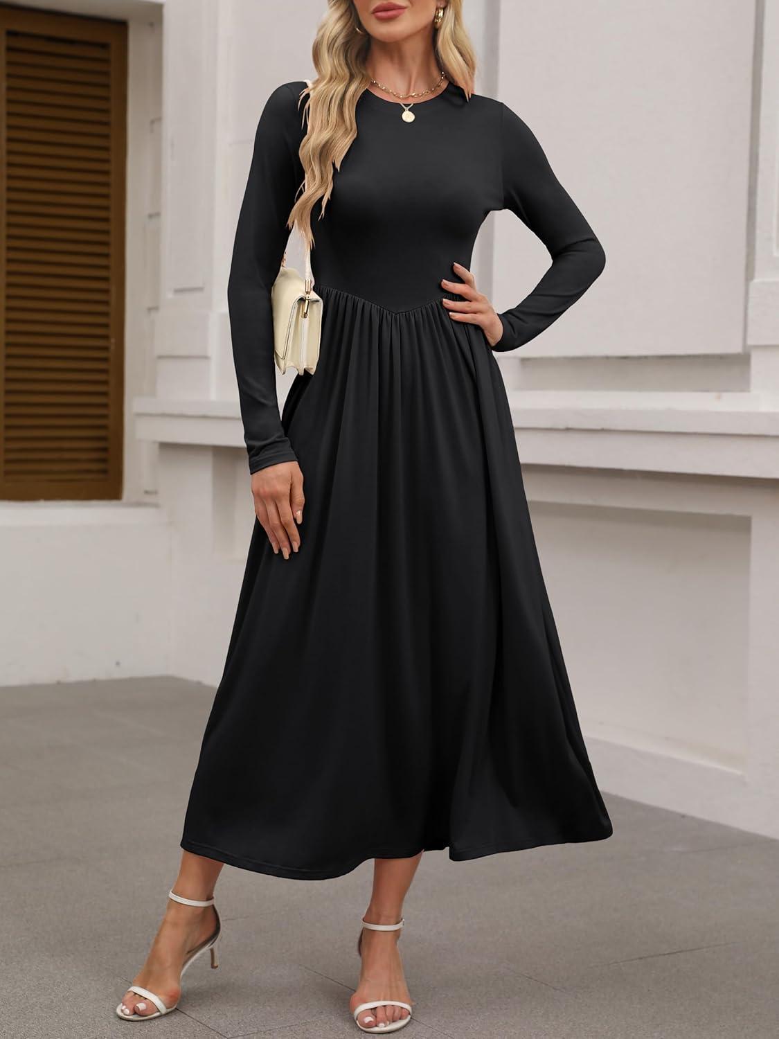 imageANRABESS Womens Long Sleeve Elegant Modest Drop Waist Maxi Dress 2025 Fall Casual Flowy Pleated Long Dresses with PocketsBlack