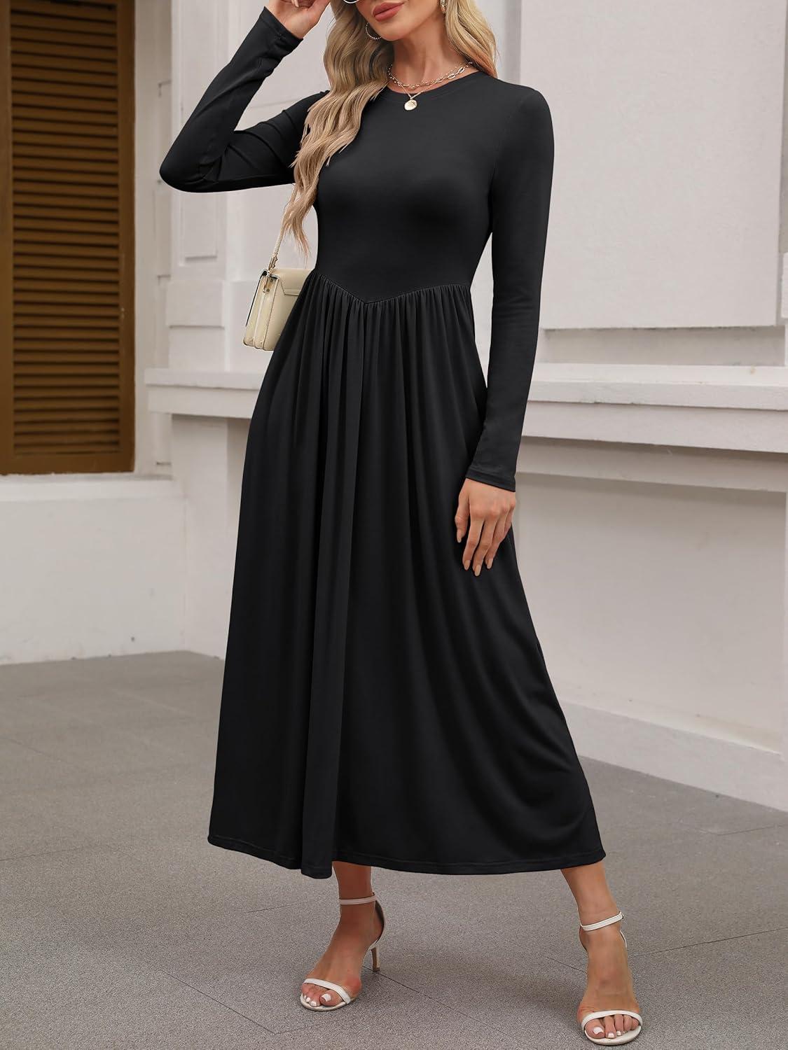 imageANRABESS Womens Long Sleeve Elegant Modest Drop Waist Maxi Dress 2025 Fall Casual Flowy Pleated Long Dresses with PocketsBlack