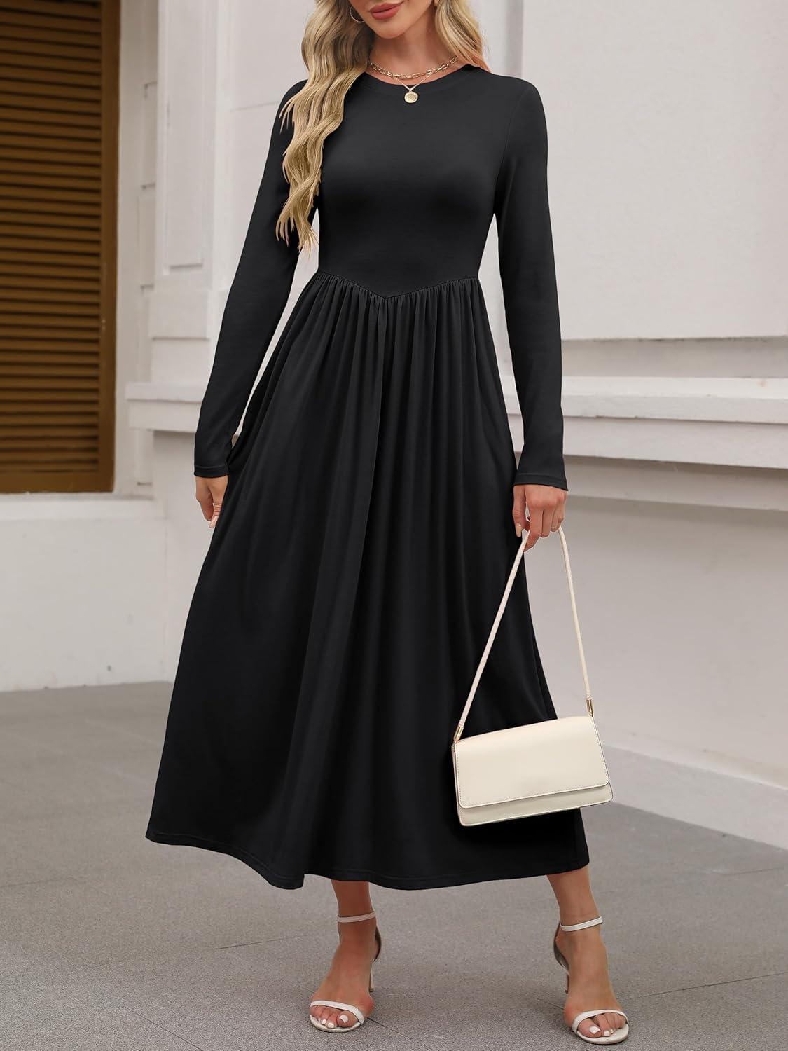 imageANRABESS Womens Long Sleeve Elegant Modest Drop Waist Maxi Dress 2025 Fall Casual Flowy Pleated Long Dresses with PocketsBlack