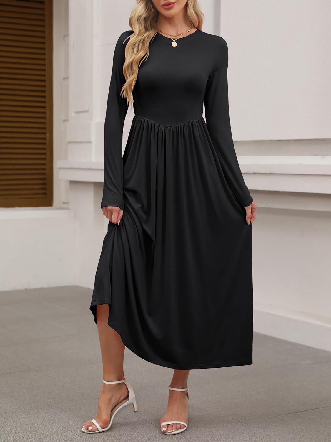 imageANRABESS Womens Long Sleeve Elegant Modest Drop Waist Maxi Dress 2025 Fall Casual Flowy Pleated Long Dresses with PocketsBlack