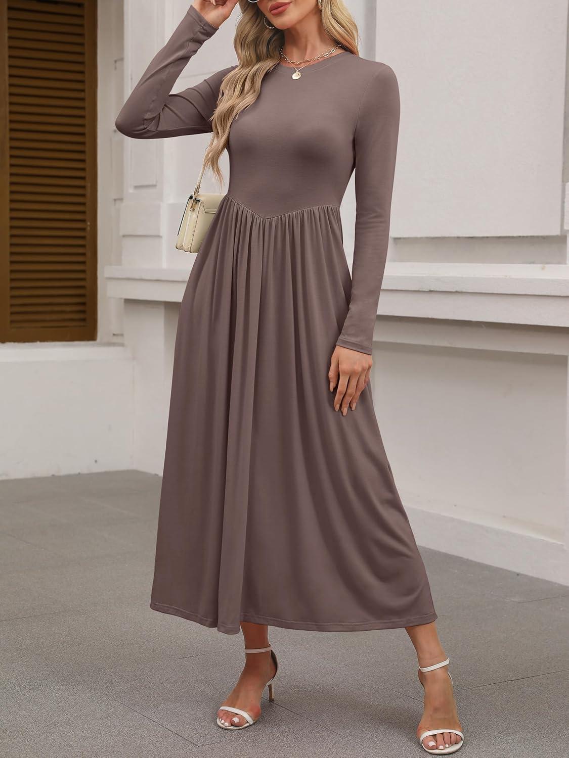 imageANRABESS Womens Long Sleeve Elegant Modest Drop Waist Maxi Dress 2025 Fall Casual Flowy Pleated Long Dresses with PocketsBrown