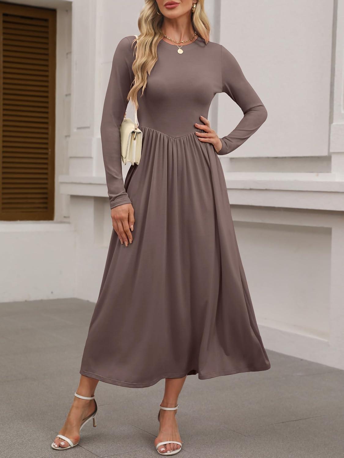 imageANRABESS Womens Long Sleeve Elegant Modest Drop Waist Maxi Dress 2025 Fall Casual Flowy Pleated Long Dresses with PocketsBrown