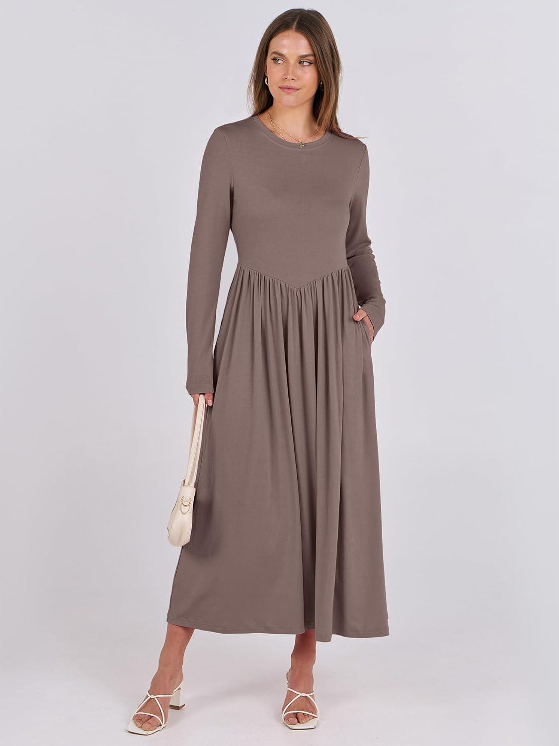 imageANRABESS Womens Long Sleeve Elegant Modest Drop Waist Maxi Dress 2025 Fall Casual Flowy Pleated Long Dresses with PocketsBrown