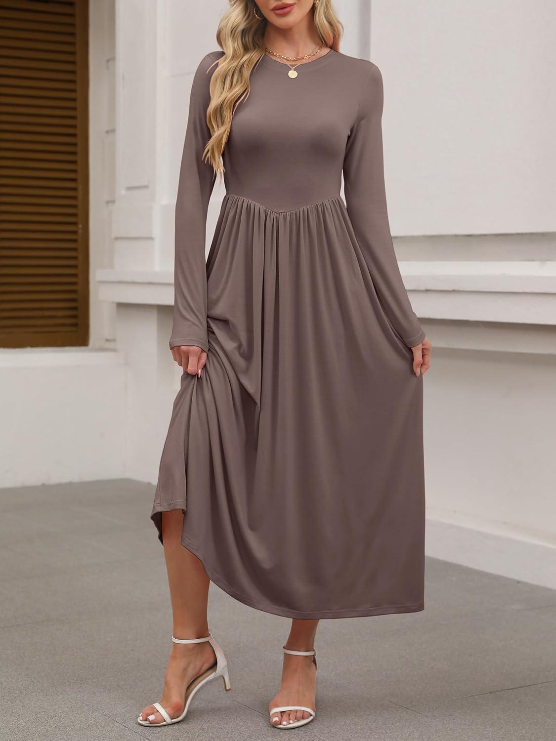 imageANRABESS Womens Long Sleeve Elegant Modest Drop Waist Maxi Dress 2025 Fall Casual Flowy Pleated Long Dresses with PocketsBrown