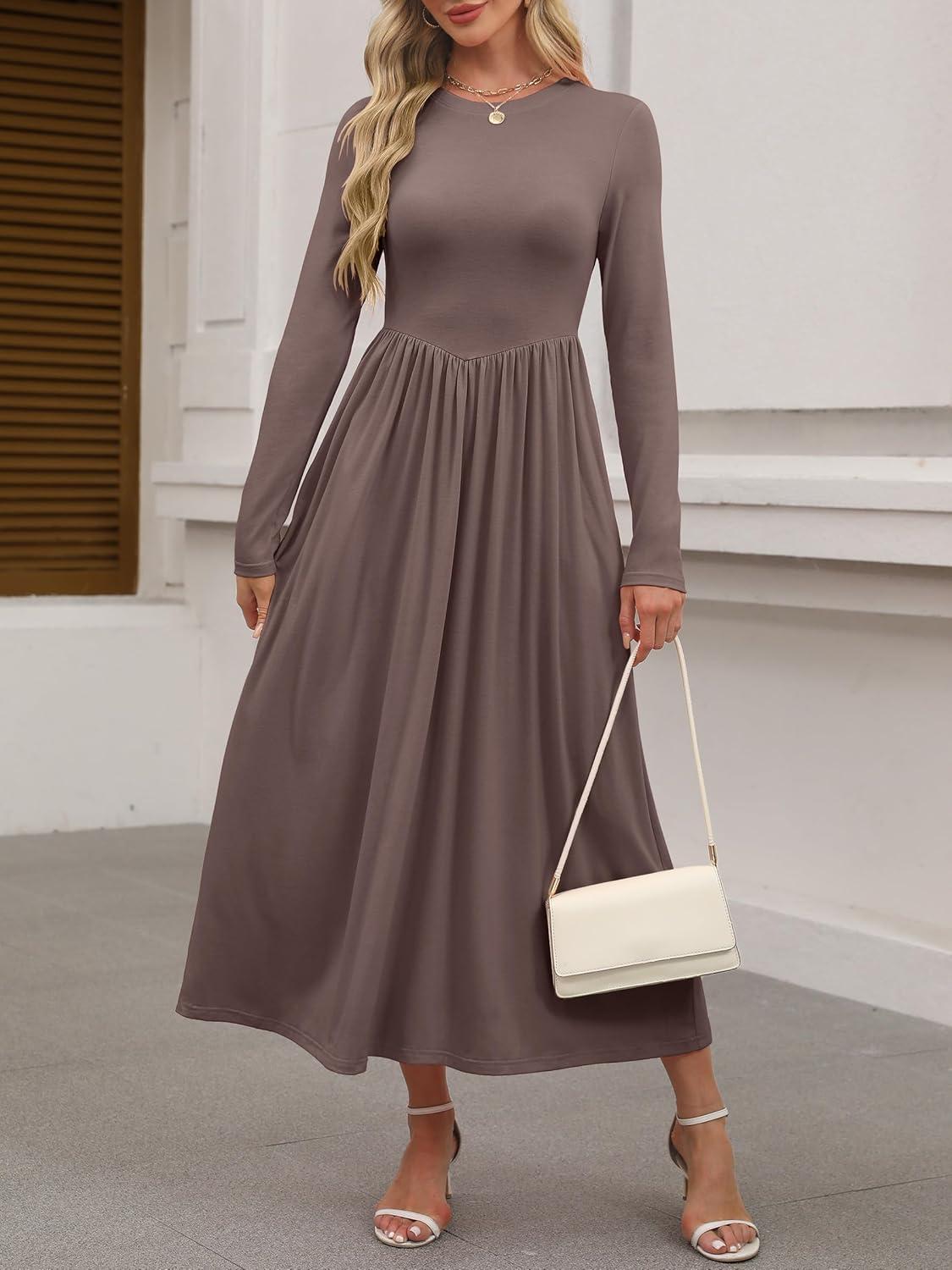 imageANRABESS Womens Long Sleeve Elegant Modest Drop Waist Maxi Dress 2025 Fall Casual Flowy Pleated Long Dresses with PocketsBrown