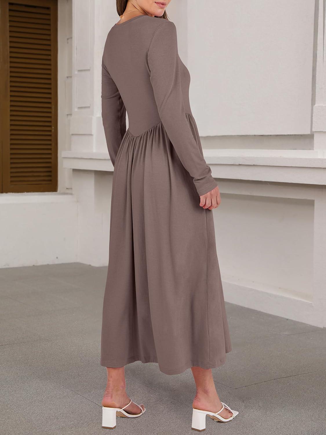 imageANRABESS Womens Long Sleeve Elegant Modest Drop Waist Maxi Dress 2025 Fall Casual Flowy Pleated Long Dresses with PocketsBrown