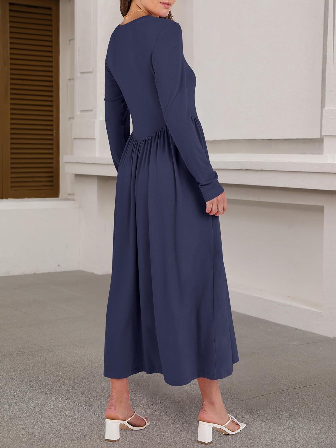 imageANRABESS Womens Long Sleeve Elegant Modest Drop Waist Maxi Dress 2025 Fall Casual Flowy Pleated Long Dresses with PocketsNavy Blue