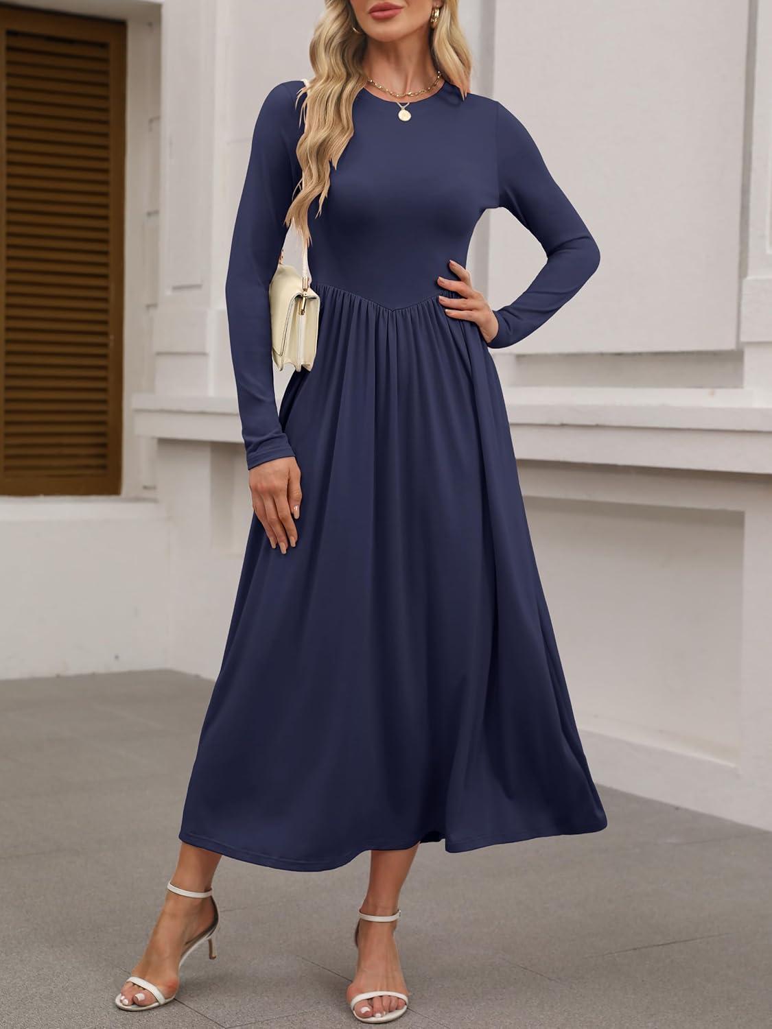 imageANRABESS Womens Long Sleeve Elegant Modest Drop Waist Maxi Dress 2025 Fall Casual Flowy Pleated Long Dresses with PocketsNavy Blue