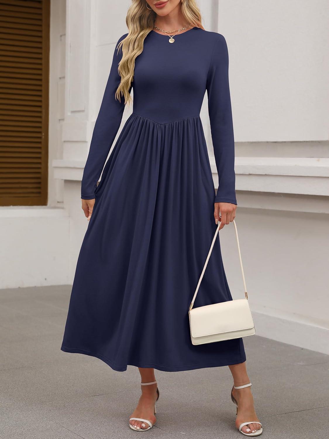 imageANRABESS Womens Long Sleeve Elegant Modest Drop Waist Maxi Dress 2025 Fall Casual Flowy Pleated Long Dresses with PocketsNavy Blue