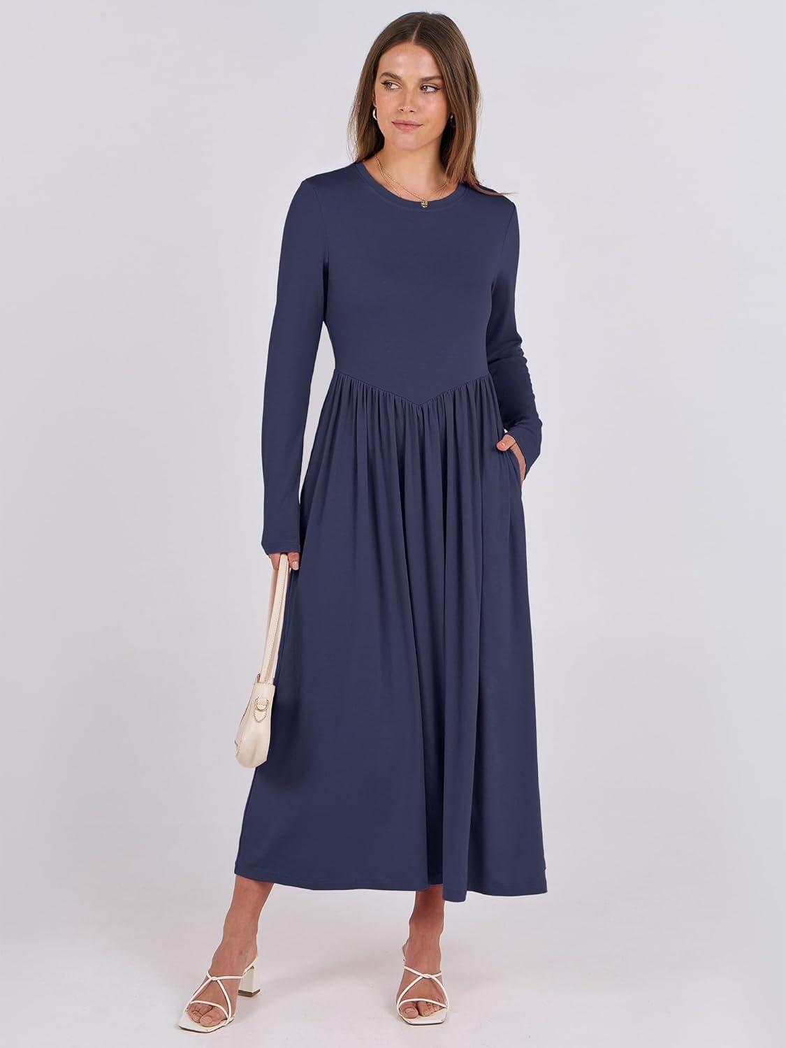 imageANRABESS Womens Long Sleeve Elegant Modest Drop Waist Maxi Dress 2025 Fall Casual Flowy Pleated Long Dresses with PocketsNavy Blue