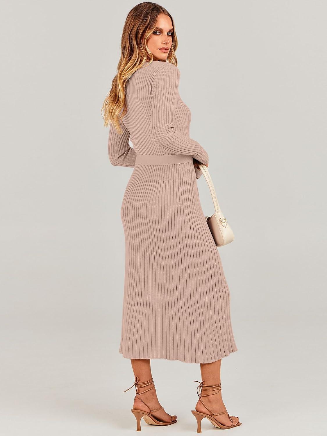 imageANRABESS Womens Long Sleeve Fall Dress 2025 V Neck Aline Tie Waist Ribbed Knit Bodycon Midi Sweater DressesAlmond