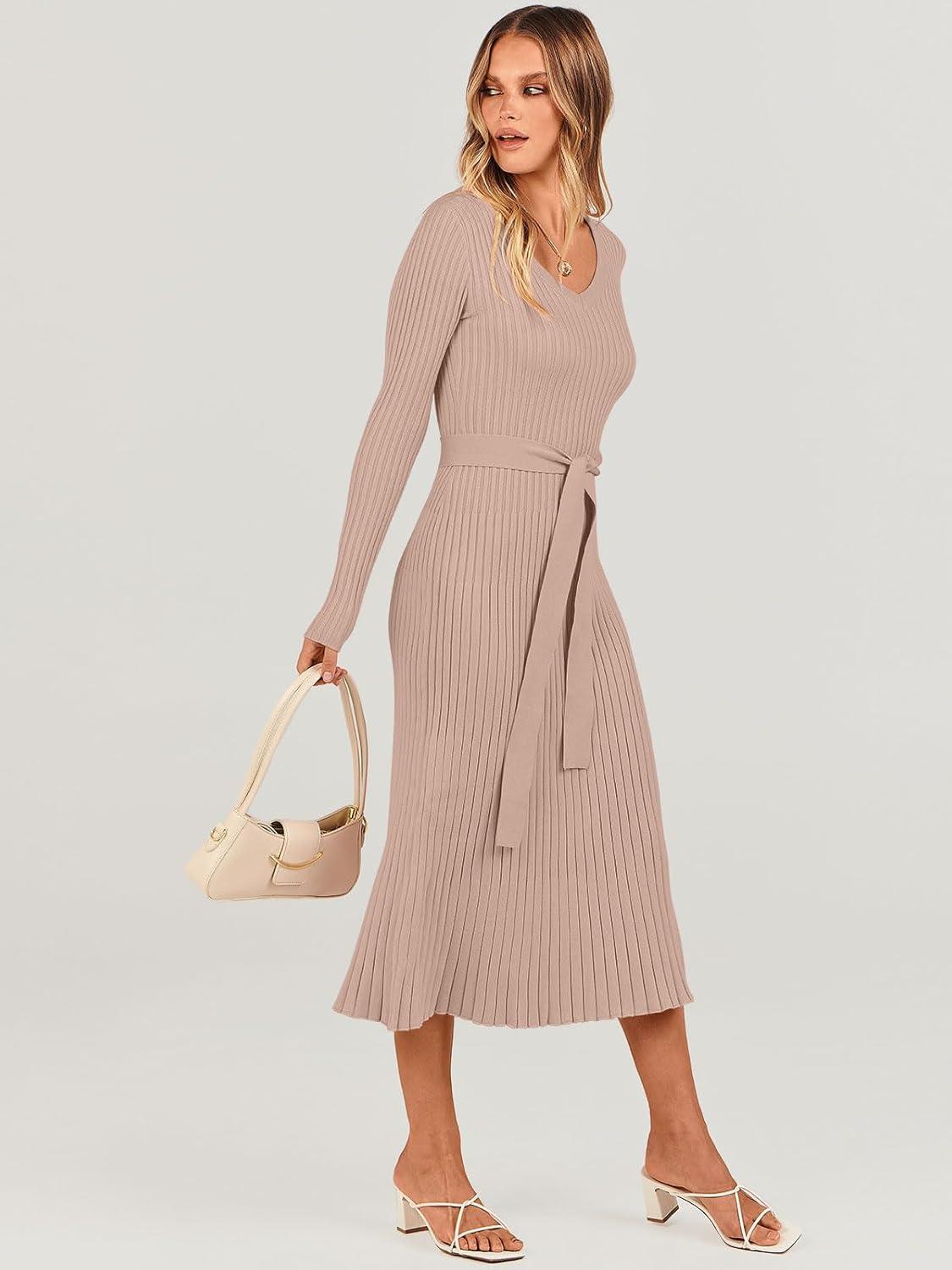 imageANRABESS Womens Long Sleeve Fall Dress 2025 V Neck Aline Tie Waist Ribbed Knit Bodycon Midi Sweater DressesAlmond