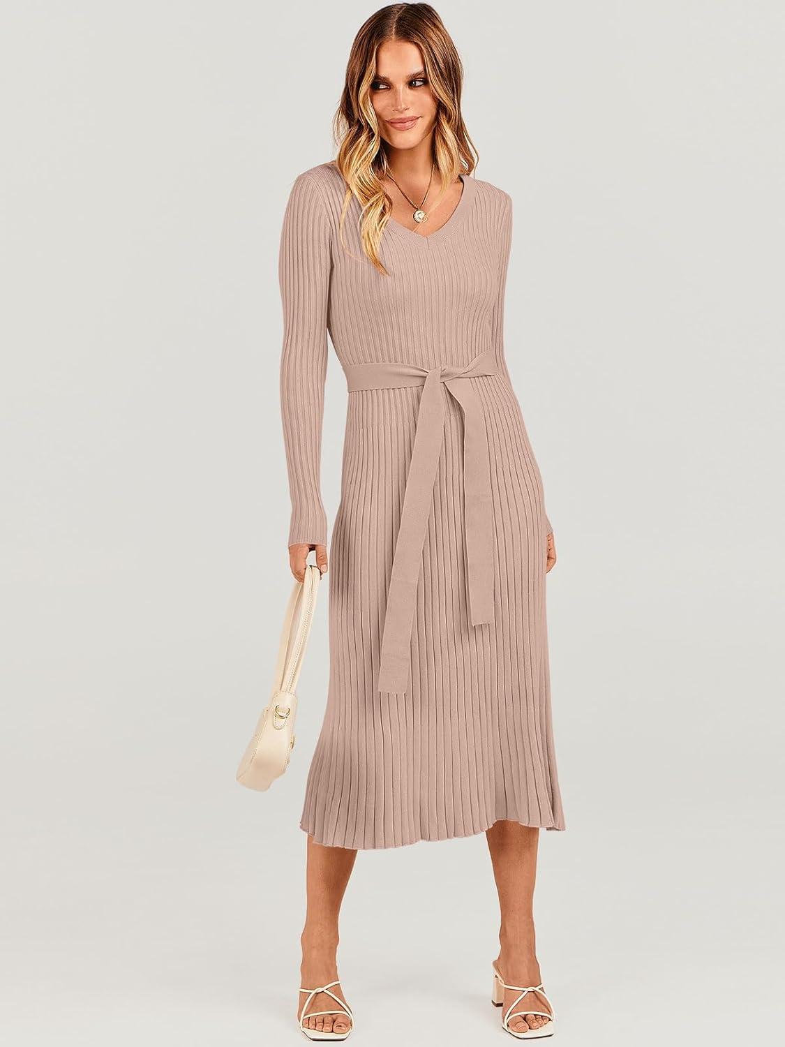imageANRABESS Womens Long Sleeve Fall Dress 2025 V Neck Aline Tie Waist Ribbed Knit Bodycon Midi Sweater DressesAlmond