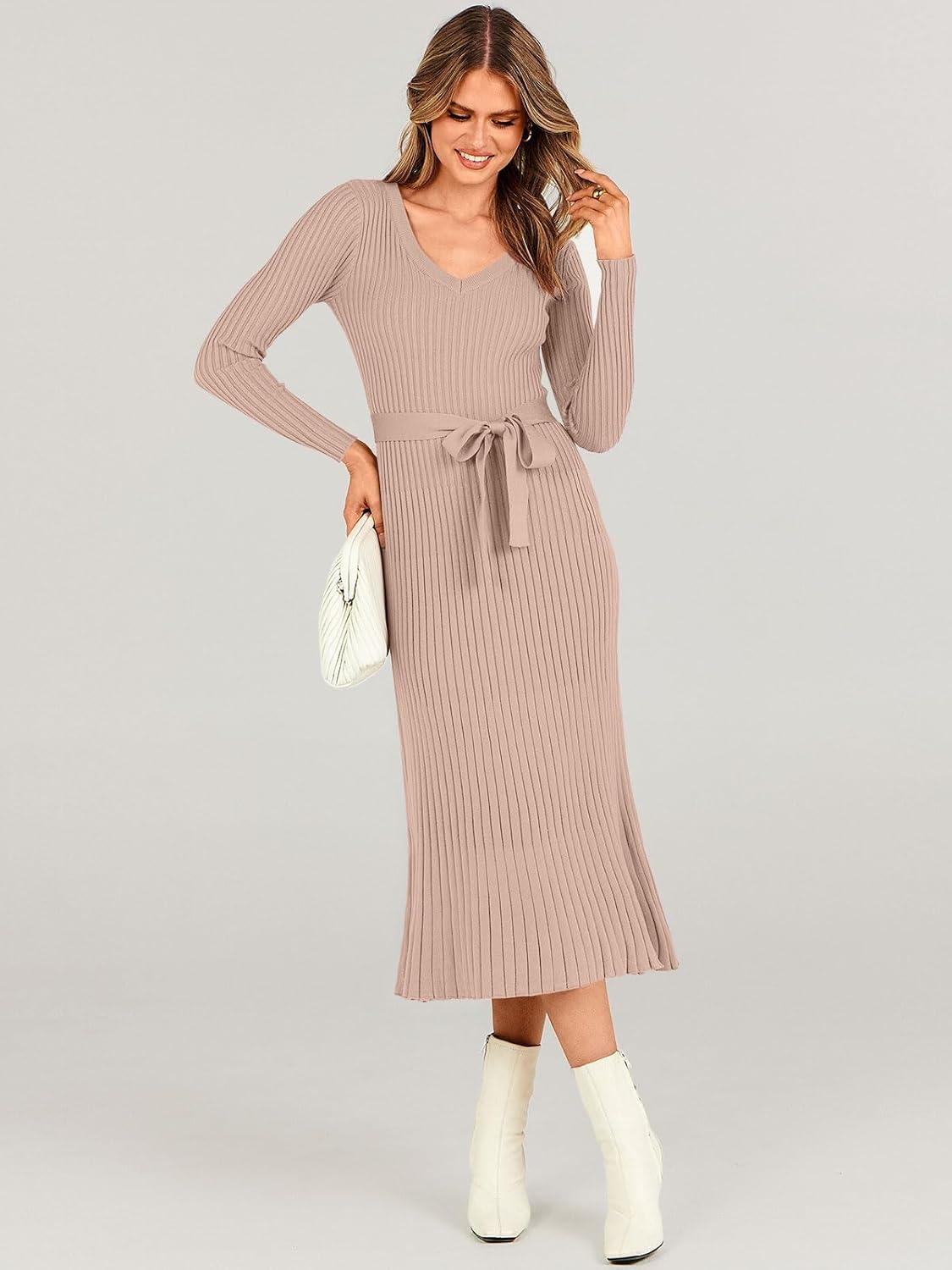 imageANRABESS Womens Long Sleeve Fall Dress 2025 V Neck Aline Tie Waist Ribbed Knit Bodycon Midi Sweater DressesAlmond