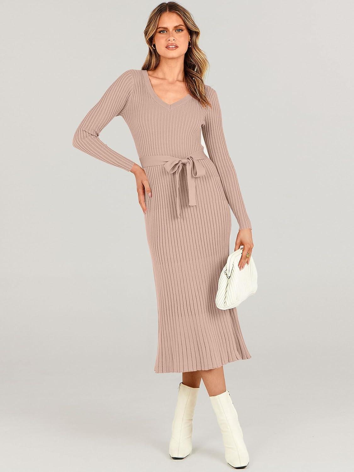 imageANRABESS Womens Long Sleeve Fall Dress 2025 V Neck Aline Tie Waist Ribbed Knit Bodycon Midi Sweater DressesAlmond