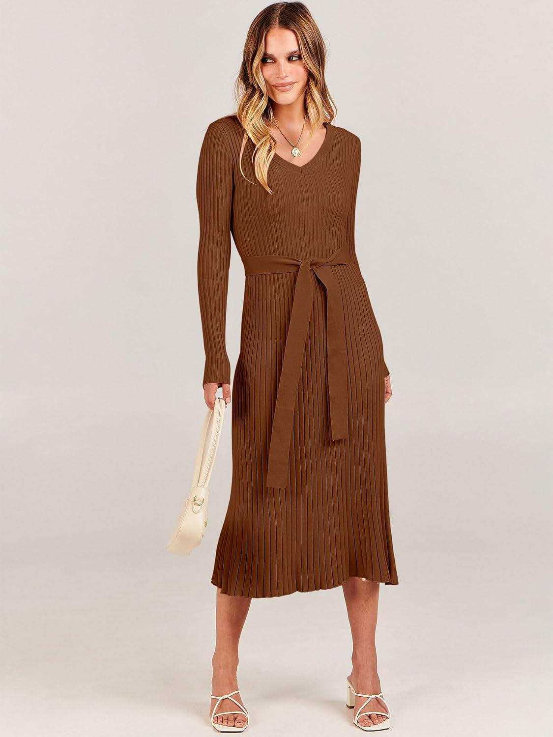 imageANRABESS Womens Long Sleeve Fall Dress 2025 V Neck Aline Tie Waist Ribbed Knit Bodycon Midi Sweater DressesCaramel