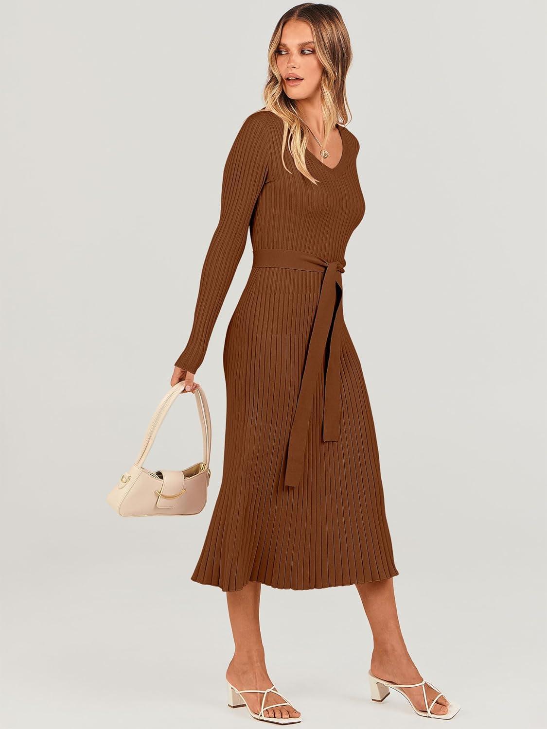 imageANRABESS Womens Long Sleeve Fall Dress 2025 V Neck Aline Tie Waist Ribbed Knit Bodycon Midi Sweater DressesCaramel