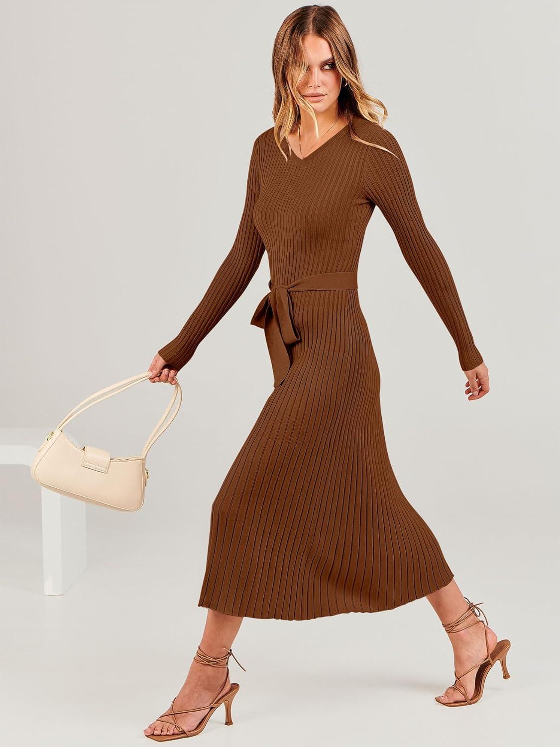 imageANRABESS Womens Long Sleeve Fall Dress 2025 V Neck Aline Tie Waist Ribbed Knit Bodycon Midi Sweater DressesCaramel