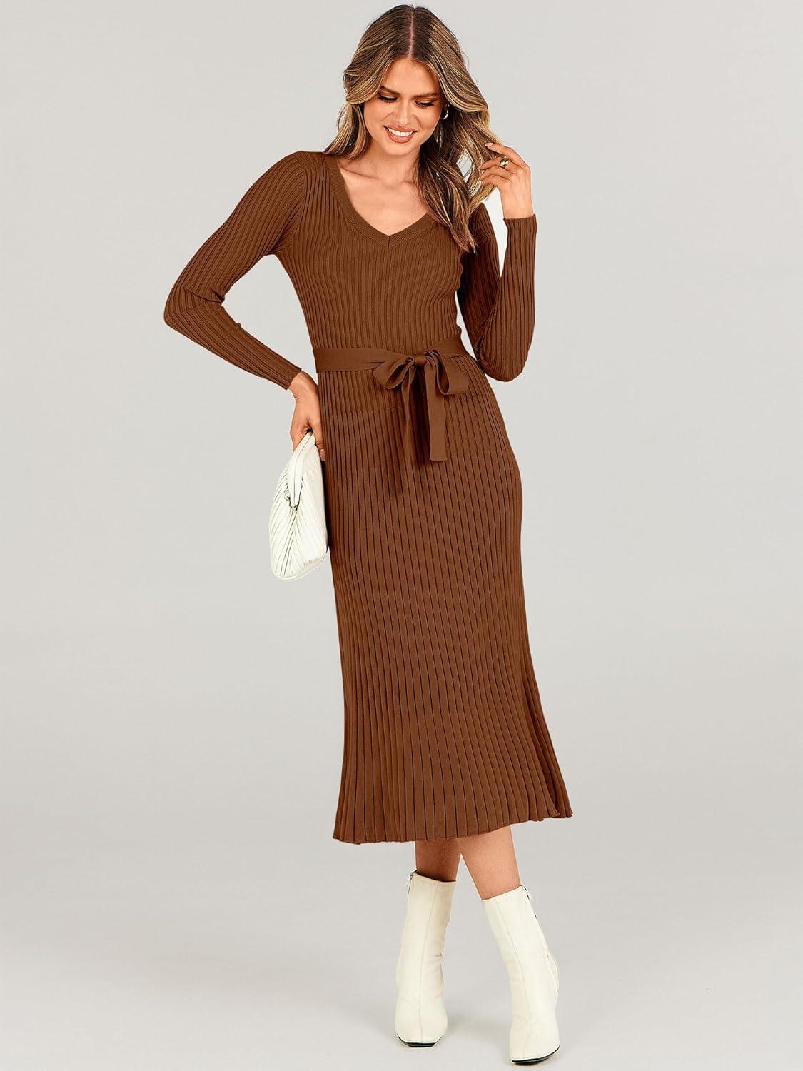 imageANRABESS Womens Long Sleeve Fall Dress 2025 V Neck Aline Tie Waist Ribbed Knit Bodycon Midi Sweater DressesCaramel