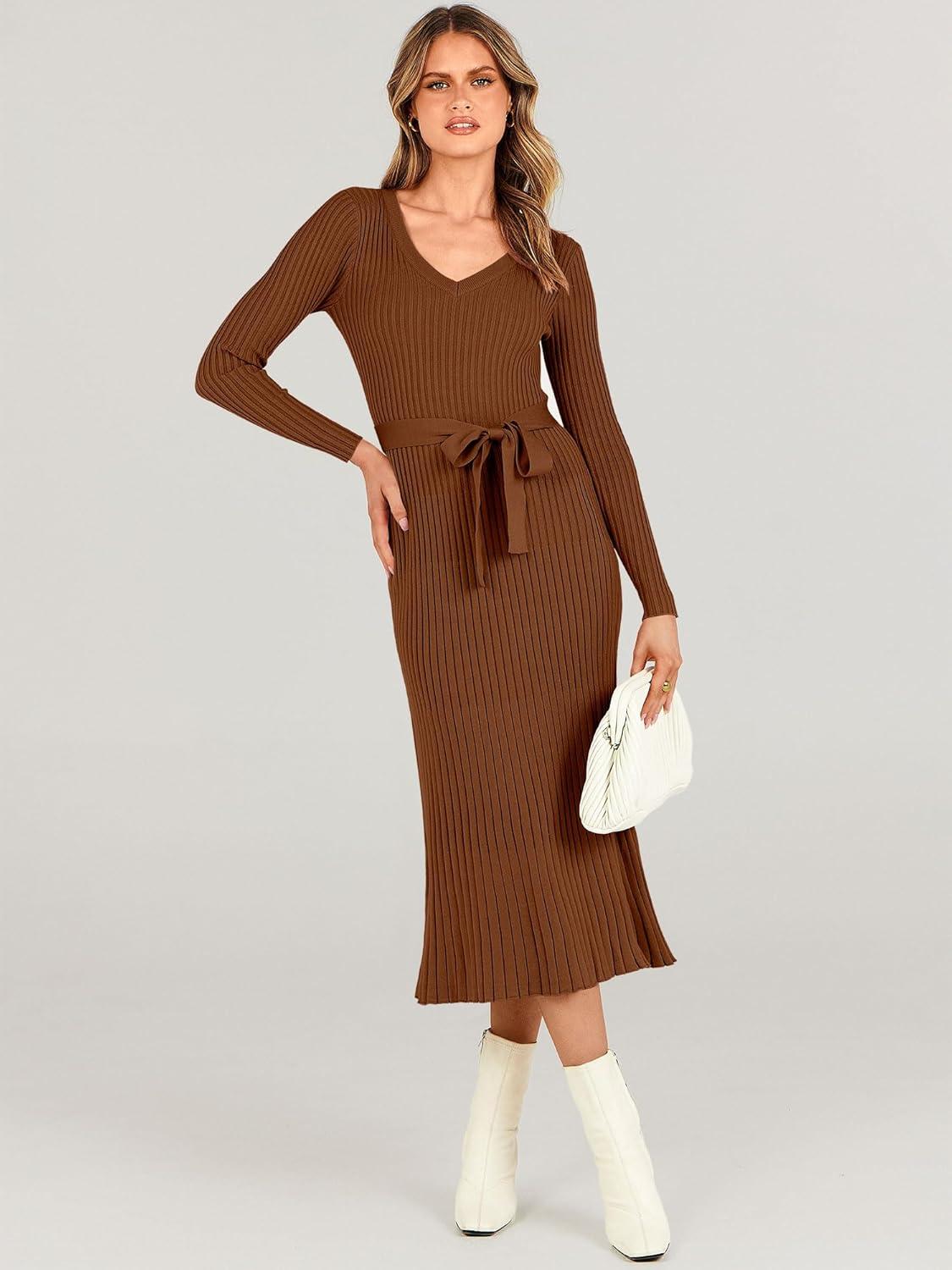 imageANRABESS Womens Long Sleeve Fall Dress 2025 V Neck Aline Tie Waist Ribbed Knit Bodycon Midi Sweater DressesCaramel