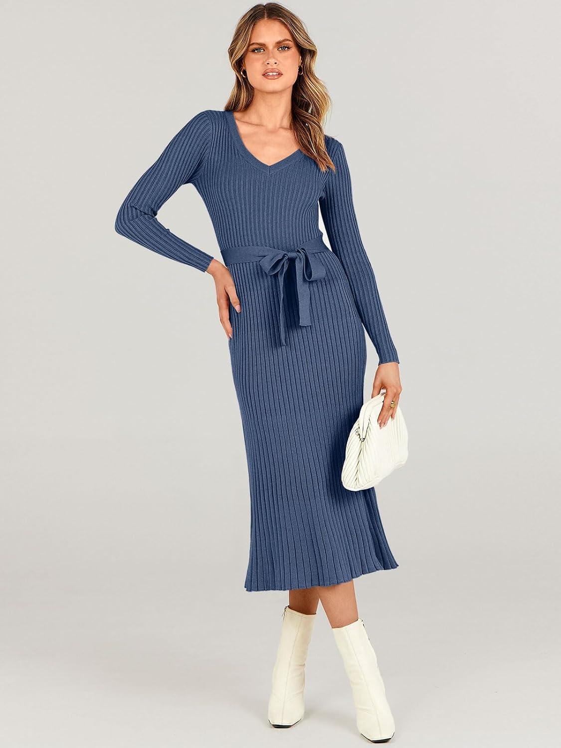 imageANRABESS Womens Long Sleeve Fall Dress 2025 V Neck Aline Tie Waist Ribbed Knit Bodycon Midi Sweater DressesDusty Blue