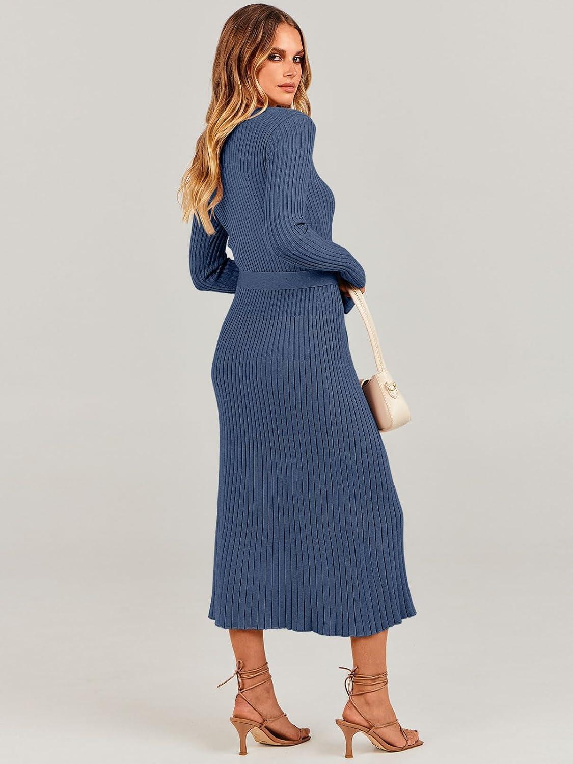 imageANRABESS Womens Long Sleeve Fall Dress 2025 V Neck Aline Tie Waist Ribbed Knit Bodycon Midi Sweater DressesDusty Blue