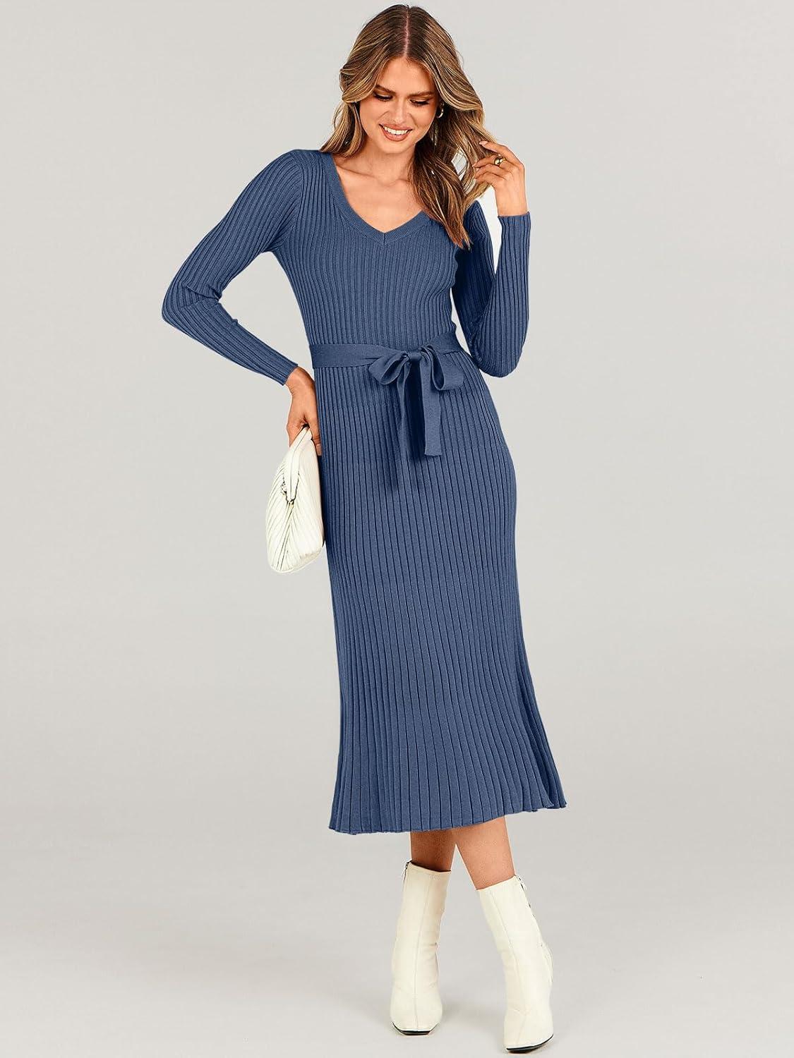 imageANRABESS Womens Long Sleeve Fall Dress 2025 V Neck Aline Tie Waist Ribbed Knit Bodycon Midi Sweater DressesDusty Blue