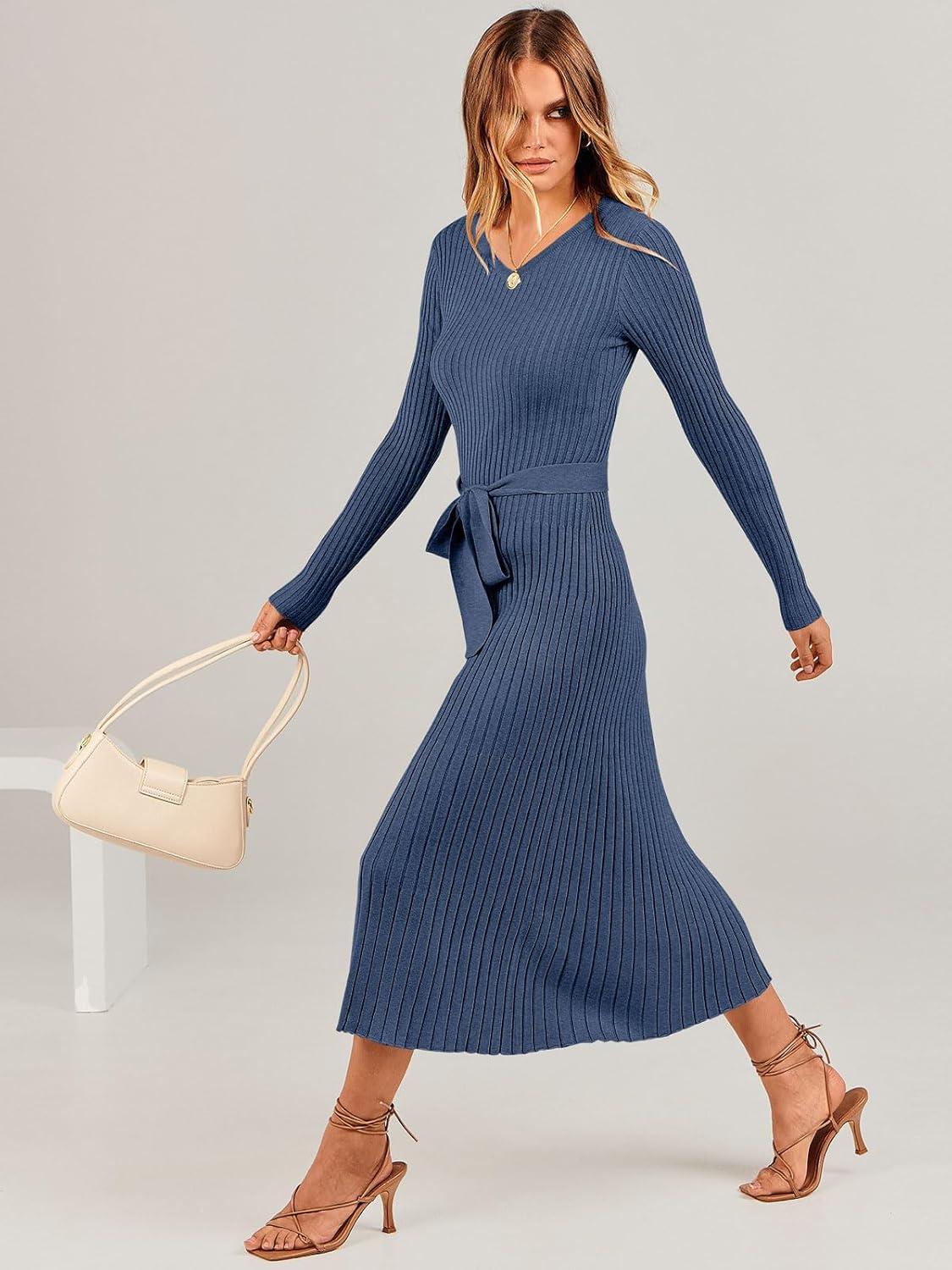 imageANRABESS Womens Long Sleeve Fall Dress 2025 V Neck Aline Tie Waist Ribbed Knit Bodycon Midi Sweater DressesDusty Blue