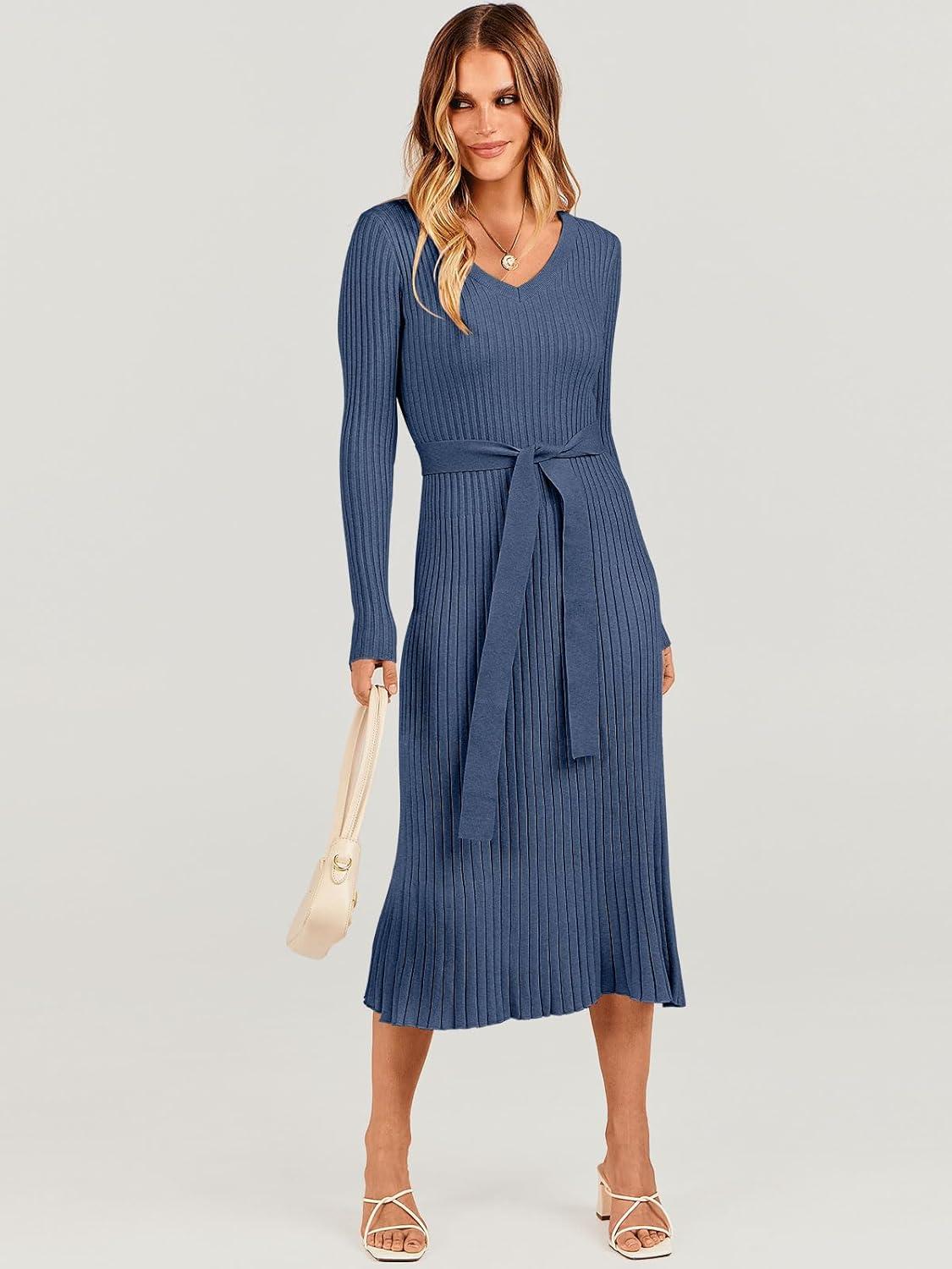 imageANRABESS Womens Long Sleeve Fall Dress 2025 V Neck Aline Tie Waist Ribbed Knit Bodycon Midi Sweater DressesDusty Blue