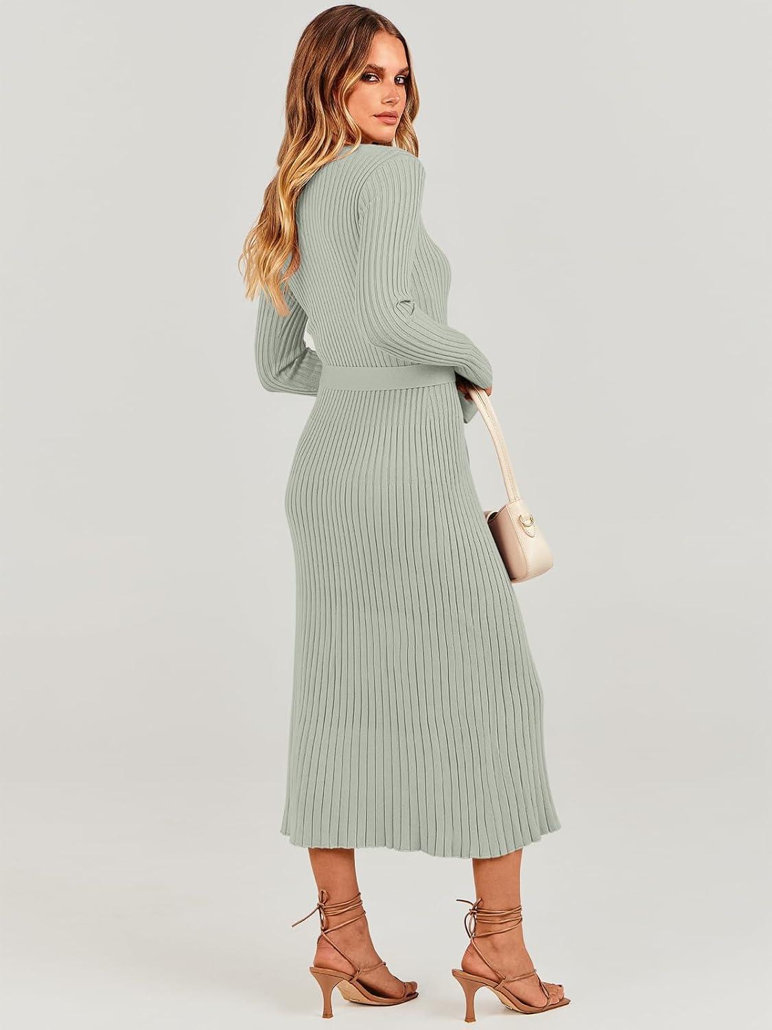 imageANRABESS Womens Long Sleeve Fall Dress 2025 V Neck Aline Tie Waist Ribbed Knit Bodycon Midi Sweater DressesGreen