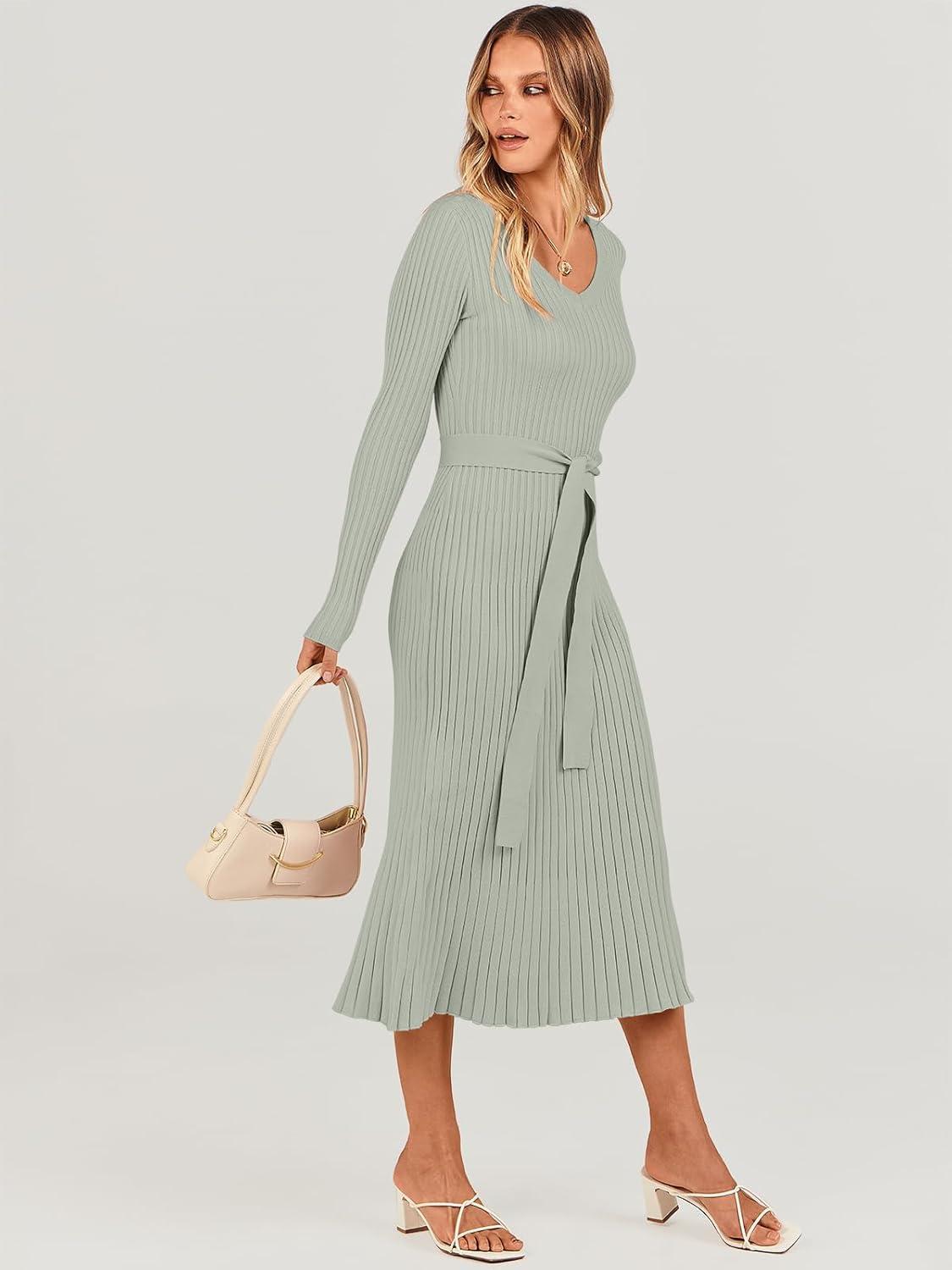 imageANRABESS Womens Long Sleeve Fall Dress 2025 V Neck Aline Tie Waist Ribbed Knit Bodycon Midi Sweater DressesGreen