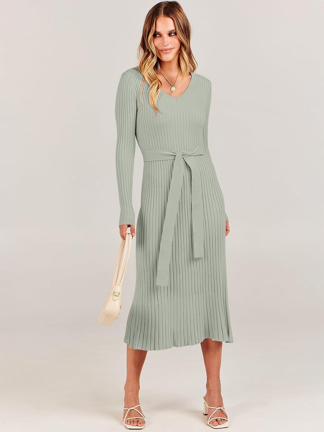 imageANRABESS Womens Long Sleeve Fall Dress 2025 V Neck Aline Tie Waist Ribbed Knit Bodycon Midi Sweater DressesGreen