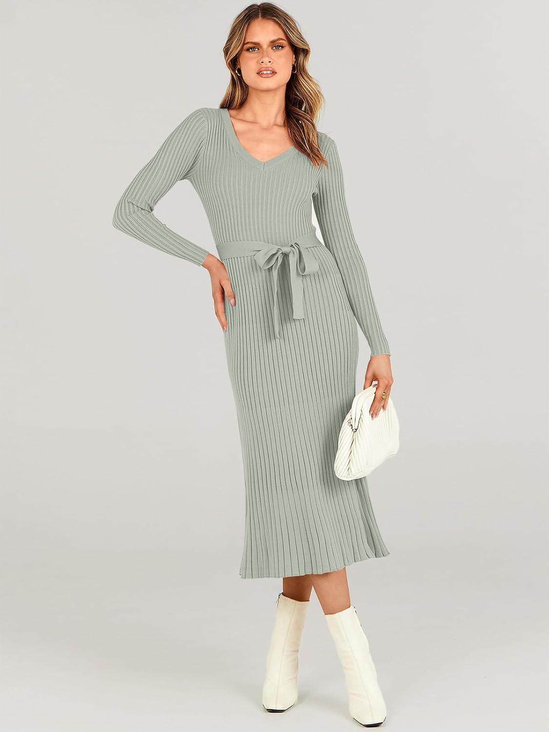 imageANRABESS Womens Long Sleeve Fall Dress 2025 V Neck Aline Tie Waist Ribbed Knit Bodycon Midi Sweater DressesGreen