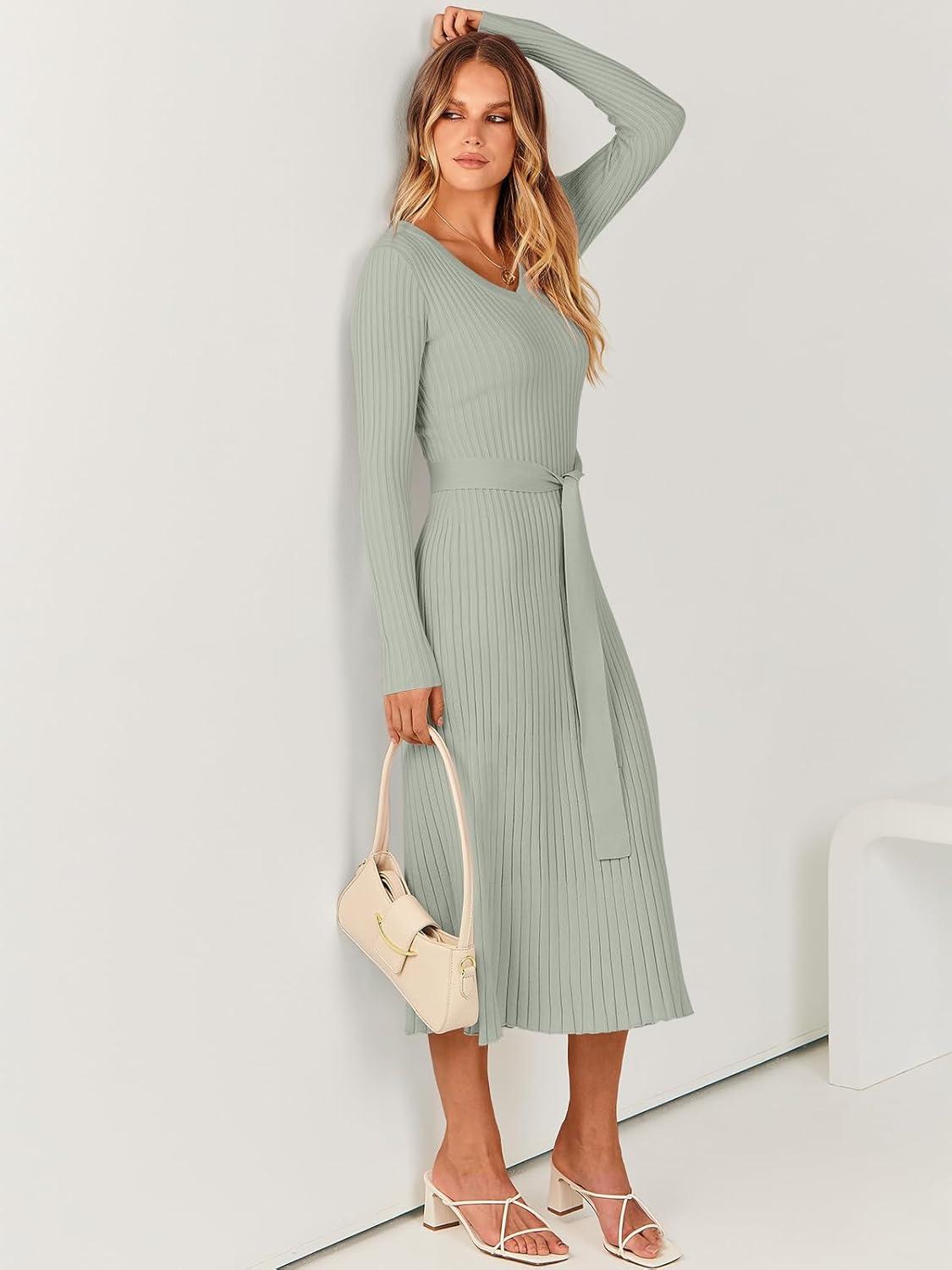 imageANRABESS Womens Long Sleeve Fall Dress 2025 V Neck Aline Tie Waist Ribbed Knit Bodycon Midi Sweater DressesGreen