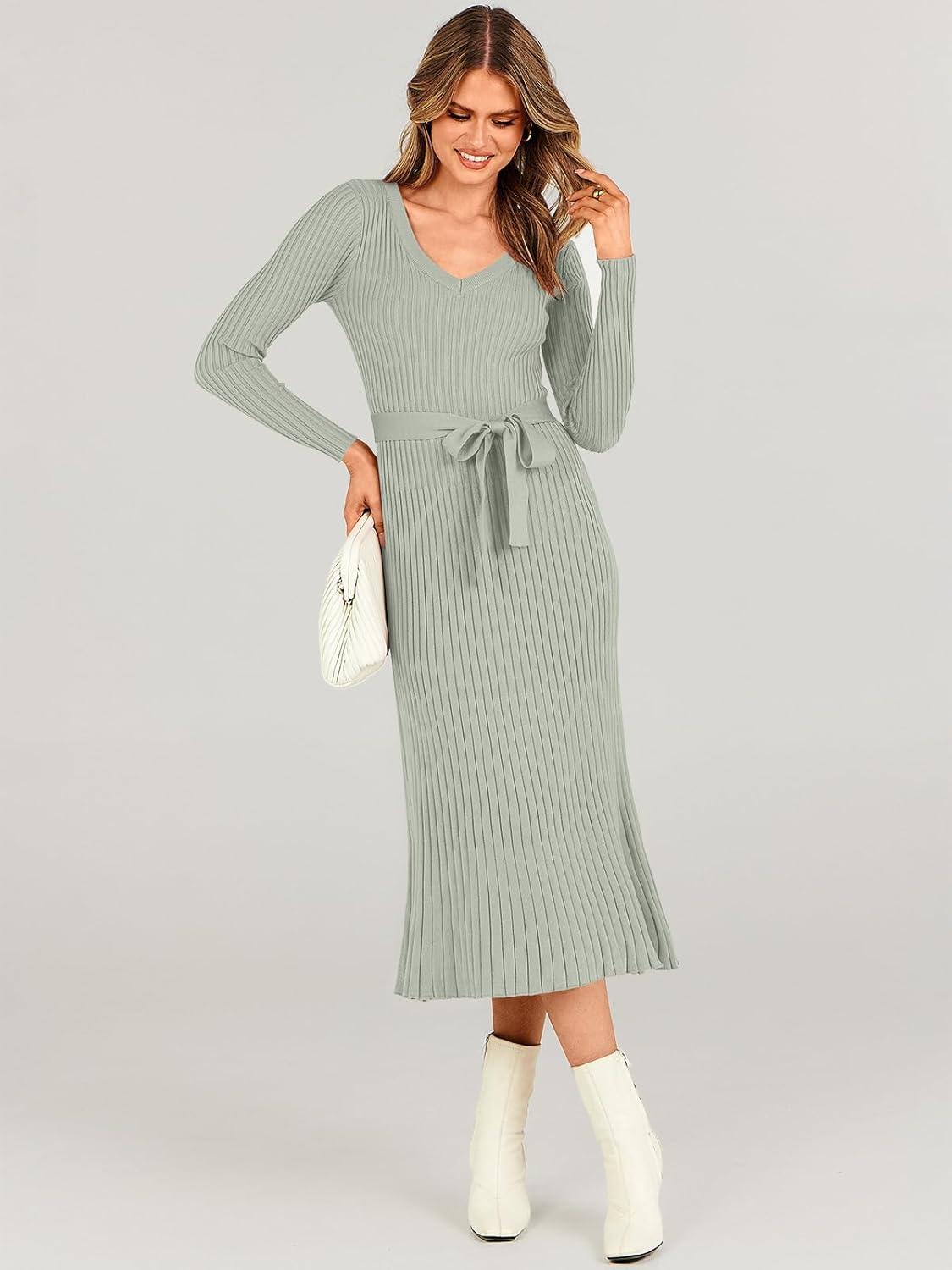 imageANRABESS Womens Long Sleeve Fall Dress 2025 V Neck Aline Tie Waist Ribbed Knit Bodycon Midi Sweater DressesGreen