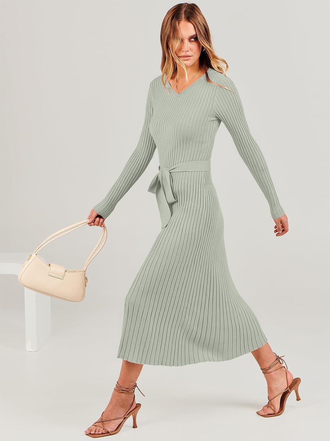 imageANRABESS Womens Long Sleeve Fall Dress 2025 V Neck Aline Tie Waist Ribbed Knit Bodycon Midi Sweater DressesGreen