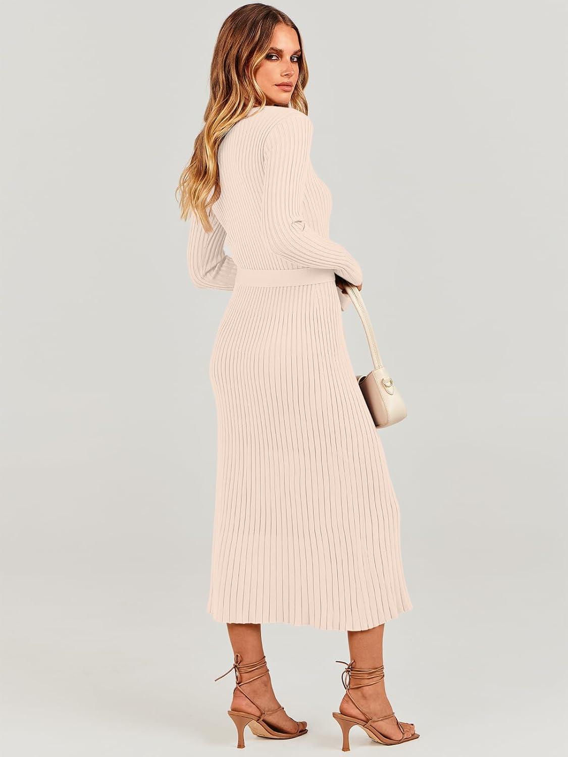 imageANRABESS Womens Long Sleeve Fall Dress 2025 V Neck Aline Tie Waist Ribbed Knit Bodycon Midi Sweater DressesLight Khaki