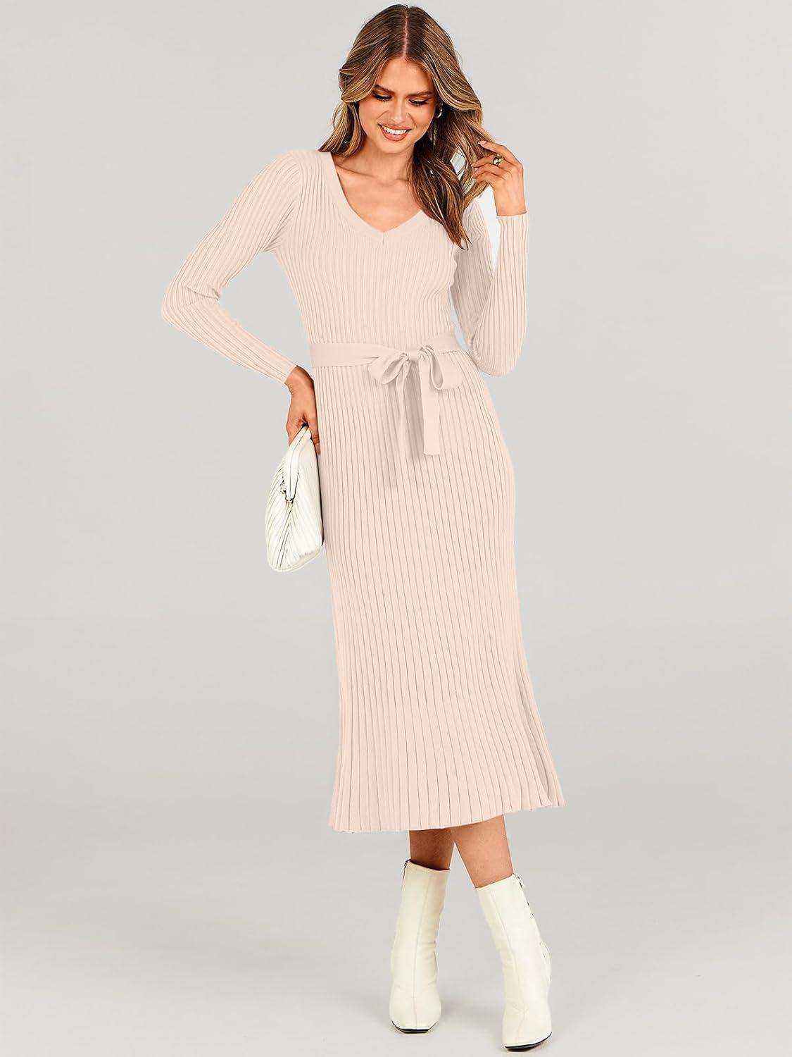 imageANRABESS Womens Long Sleeve Fall Dress 2025 V Neck Aline Tie Waist Ribbed Knit Bodycon Midi Sweater DressesLight Khaki
