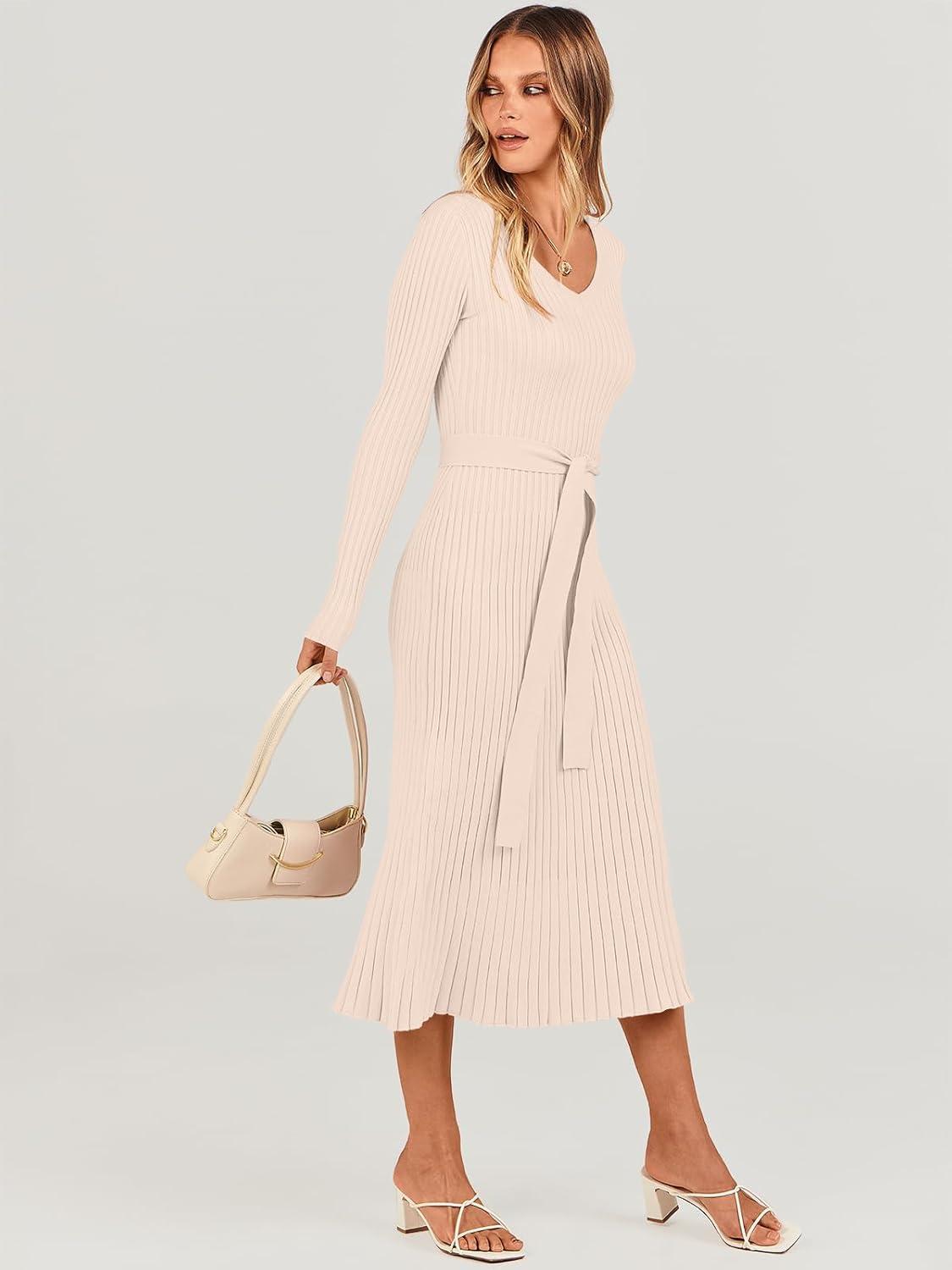 imageANRABESS Womens Long Sleeve Fall Dress 2025 V Neck Aline Tie Waist Ribbed Knit Bodycon Midi Sweater DressesLight Khaki