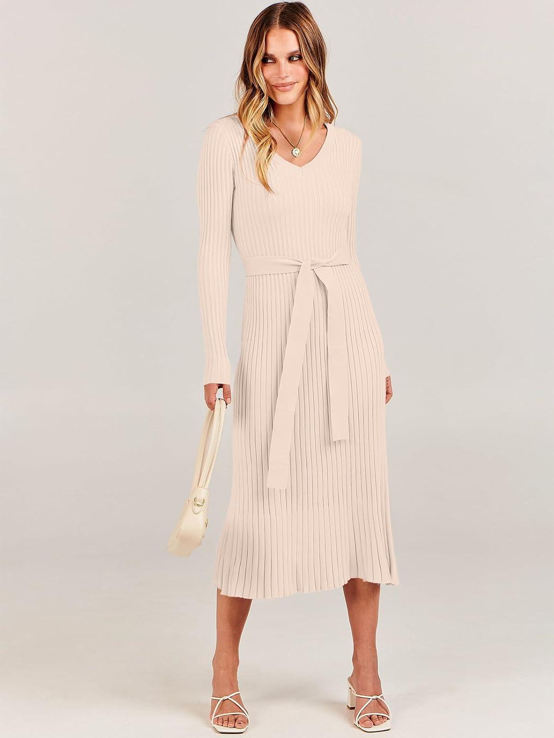 imageANRABESS Womens Long Sleeve Fall Dress 2025 V Neck Aline Tie Waist Ribbed Knit Bodycon Midi Sweater DressesLight Khaki