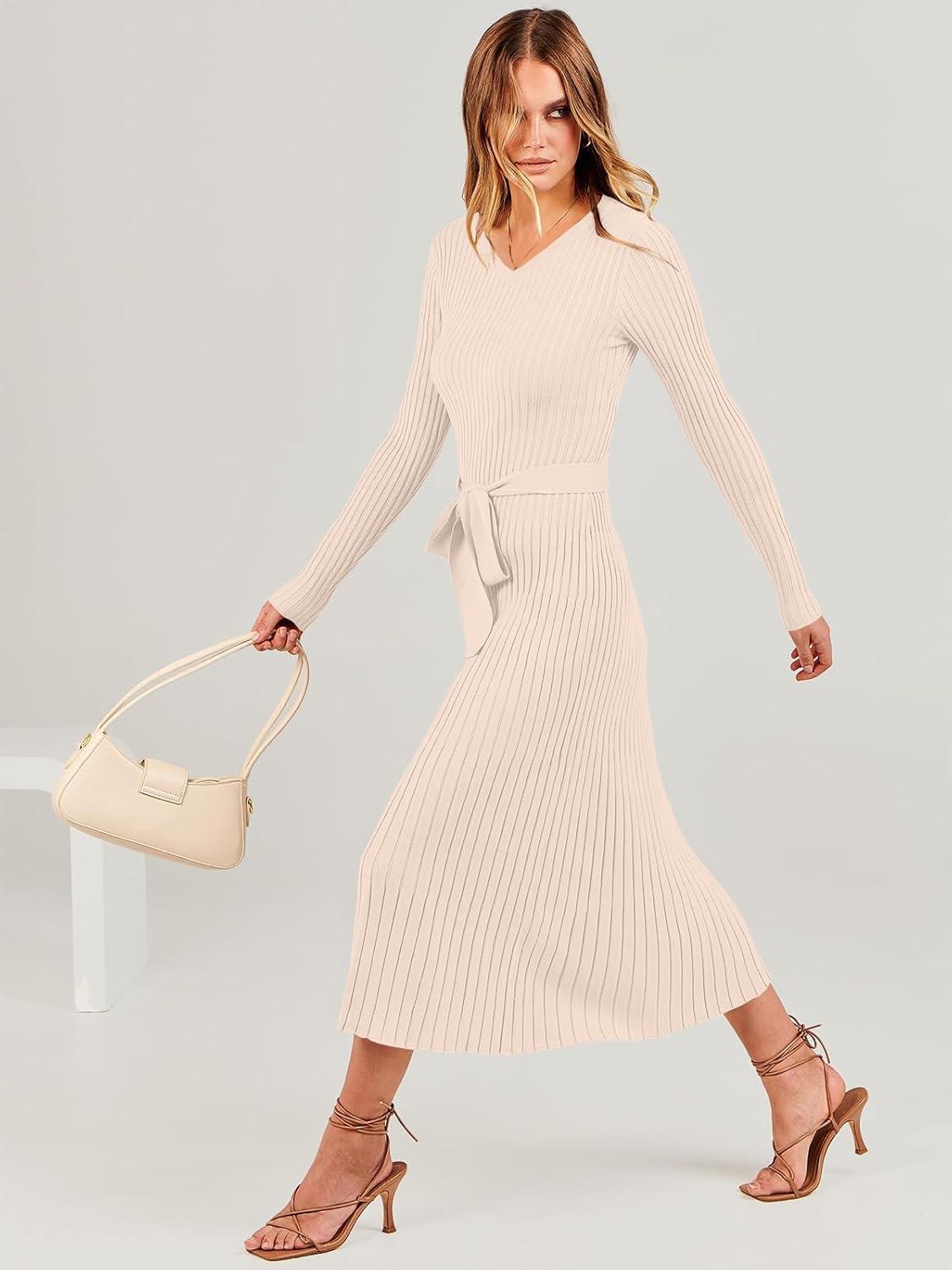 imageANRABESS Womens Long Sleeve Fall Dress 2025 V Neck Aline Tie Waist Ribbed Knit Bodycon Midi Sweater DressesLight Khaki
