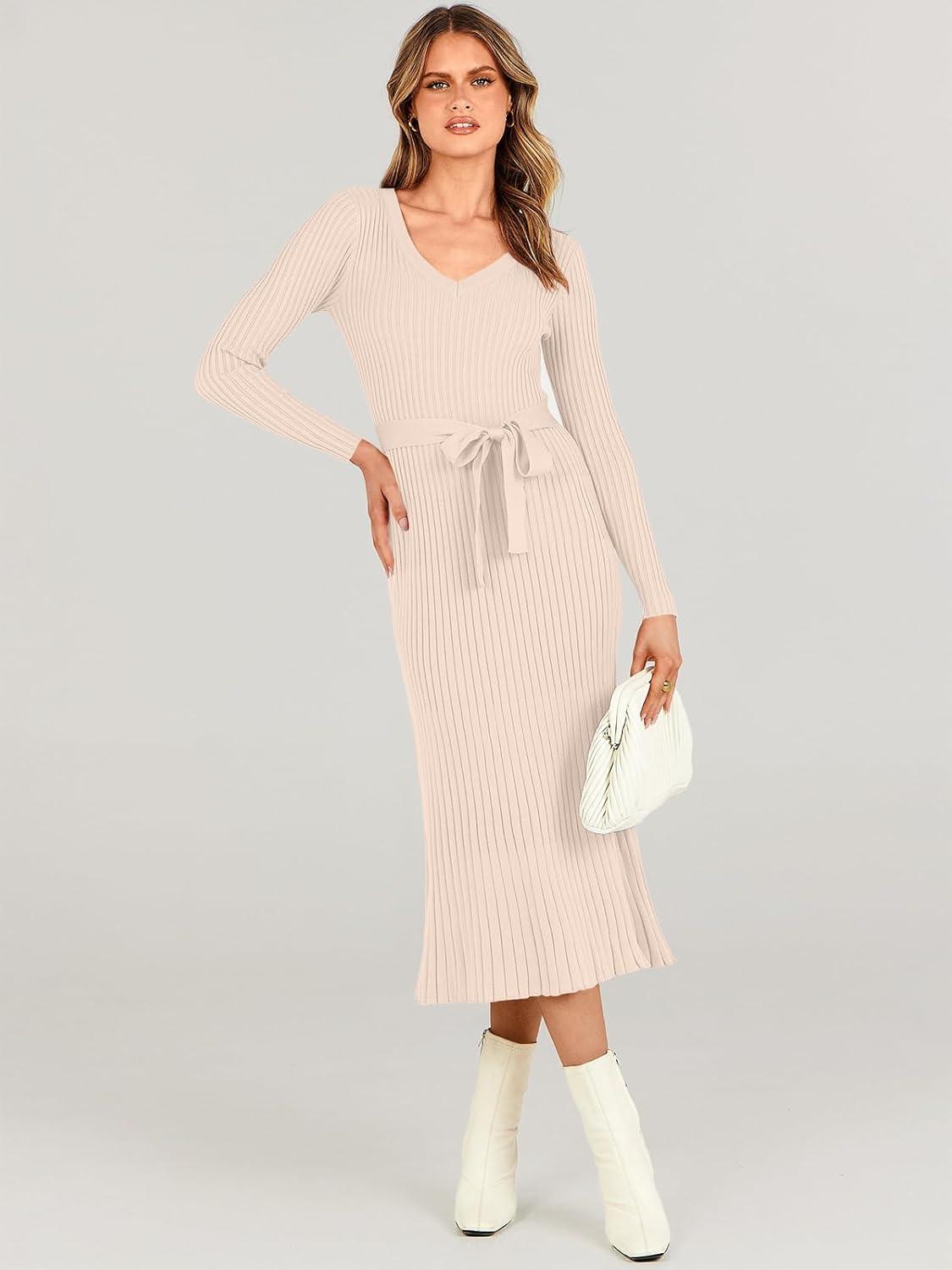 imageANRABESS Womens Long Sleeve Fall Dress 2025 V Neck Aline Tie Waist Ribbed Knit Bodycon Midi Sweater DressesLight Khaki