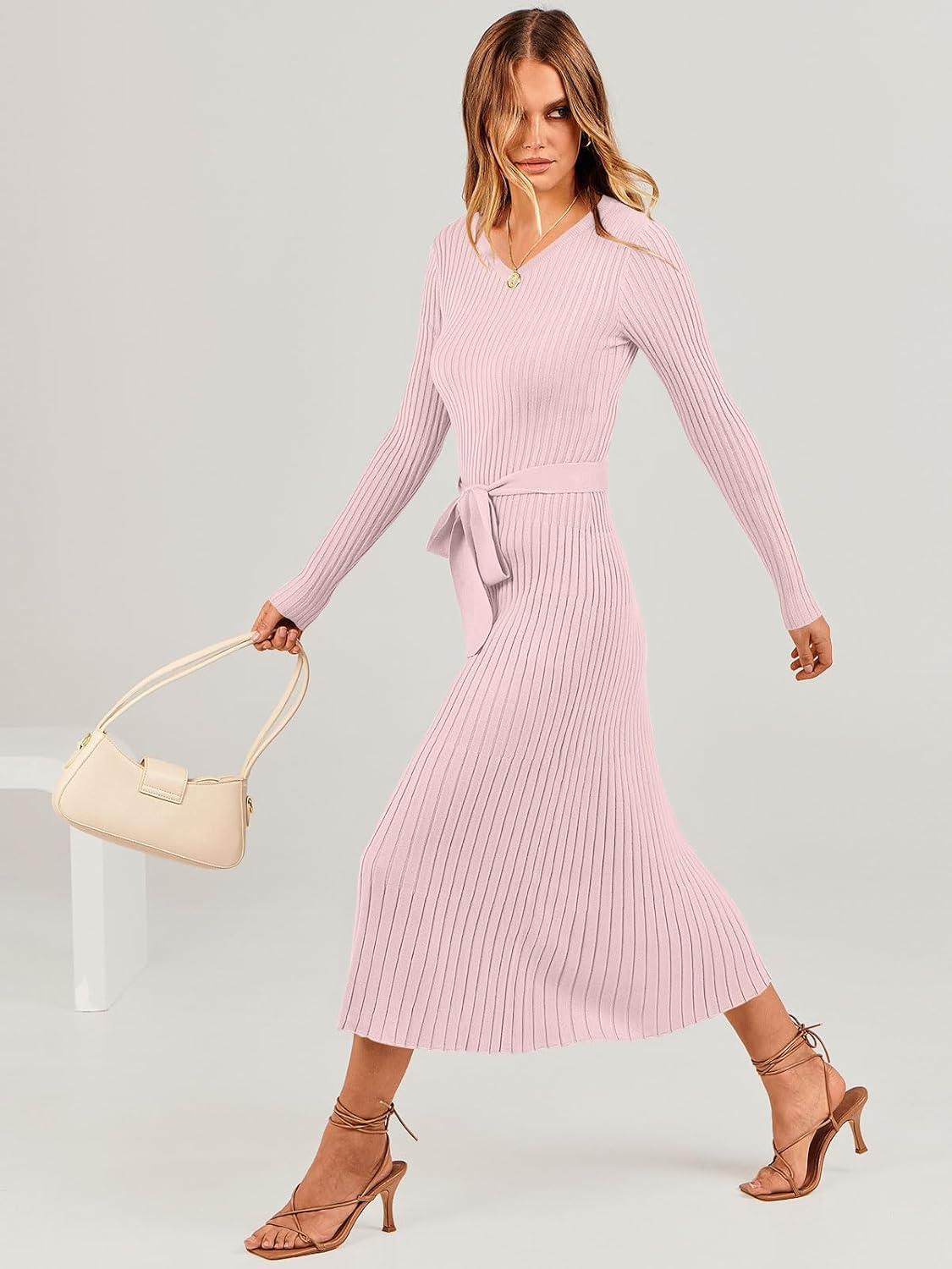 imageANRABESS Womens Long Sleeve Fall Dress 2025 V Neck Aline Tie Waist Ribbed Knit Bodycon Midi Sweater DressesPink