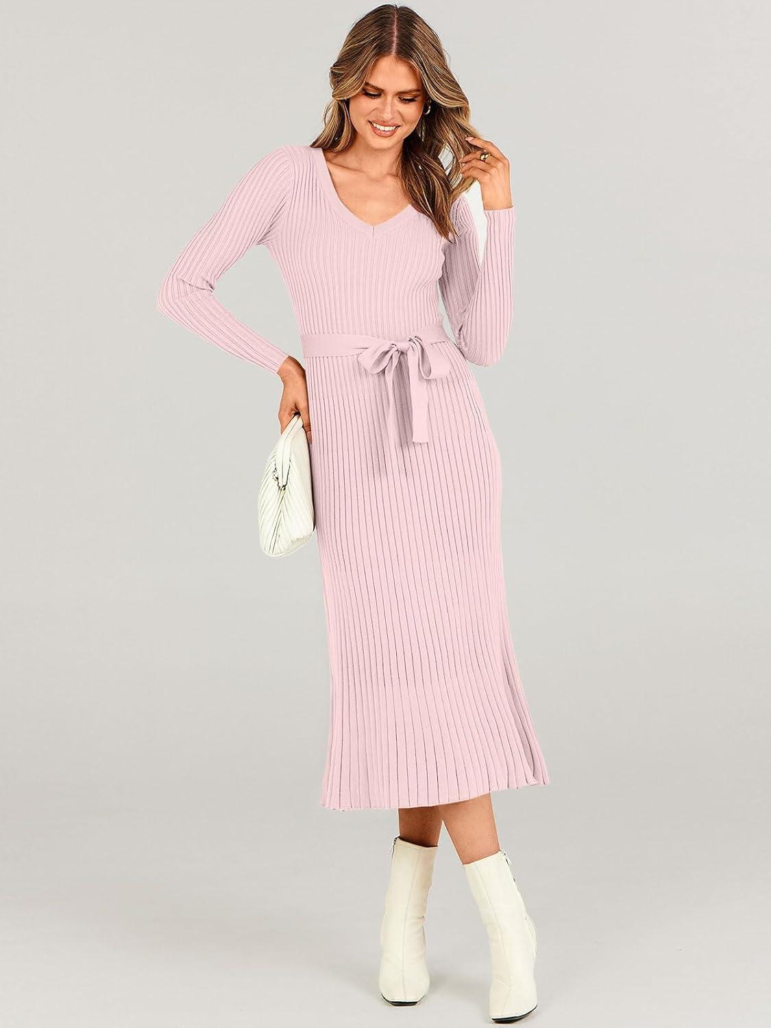 imageANRABESS Womens Long Sleeve Fall Dress 2025 V Neck Aline Tie Waist Ribbed Knit Bodycon Midi Sweater DressesPink