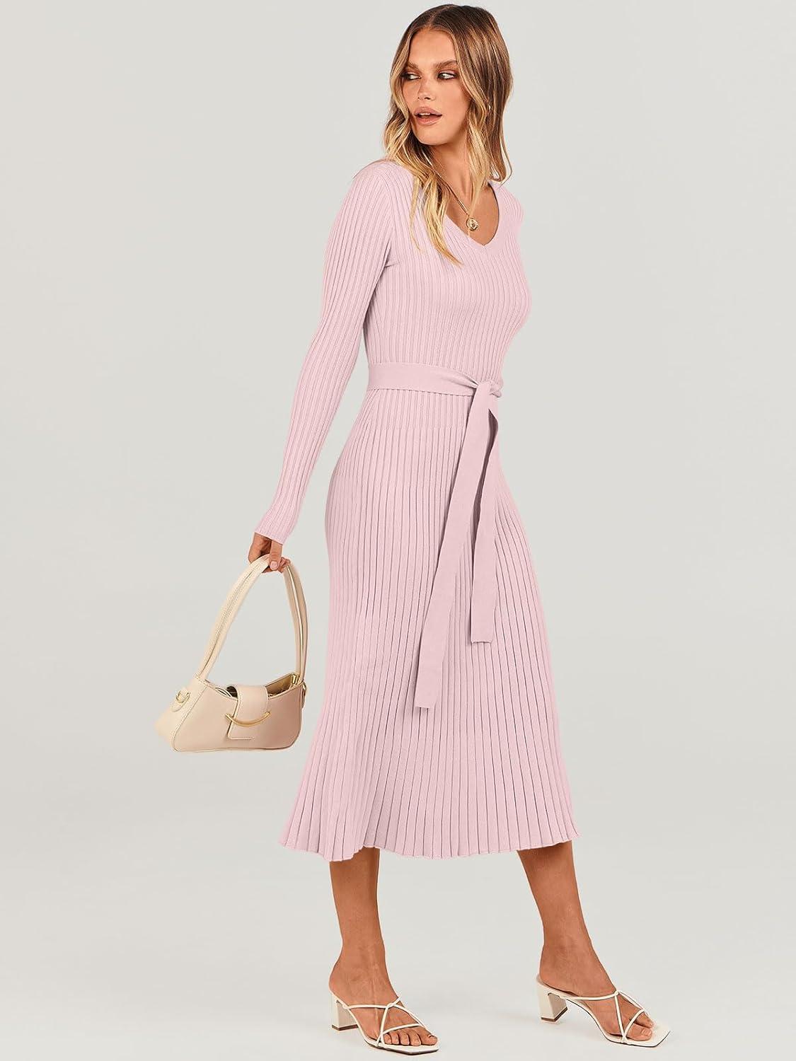 imageANRABESS Womens Long Sleeve Fall Dress 2025 V Neck Aline Tie Waist Ribbed Knit Bodycon Midi Sweater DressesPink