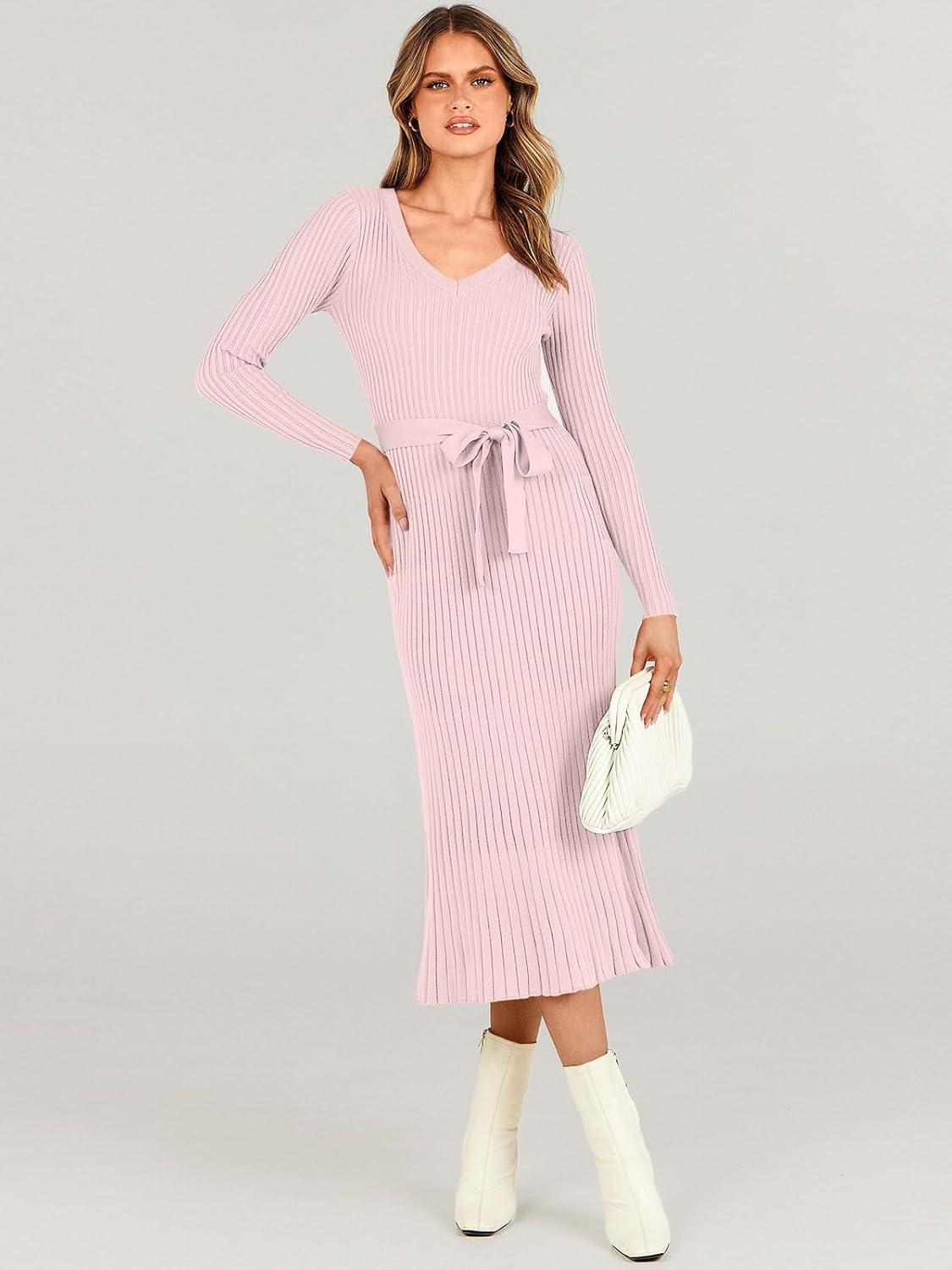 imageANRABESS Womens Long Sleeve Fall Dress 2025 V Neck Aline Tie Waist Ribbed Knit Bodycon Midi Sweater DressesPink