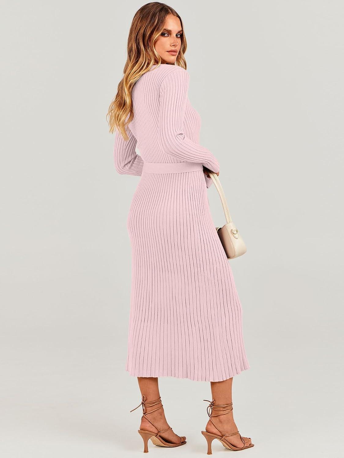 imageANRABESS Womens Long Sleeve Fall Dress 2025 V Neck Aline Tie Waist Ribbed Knit Bodycon Midi Sweater DressesPink