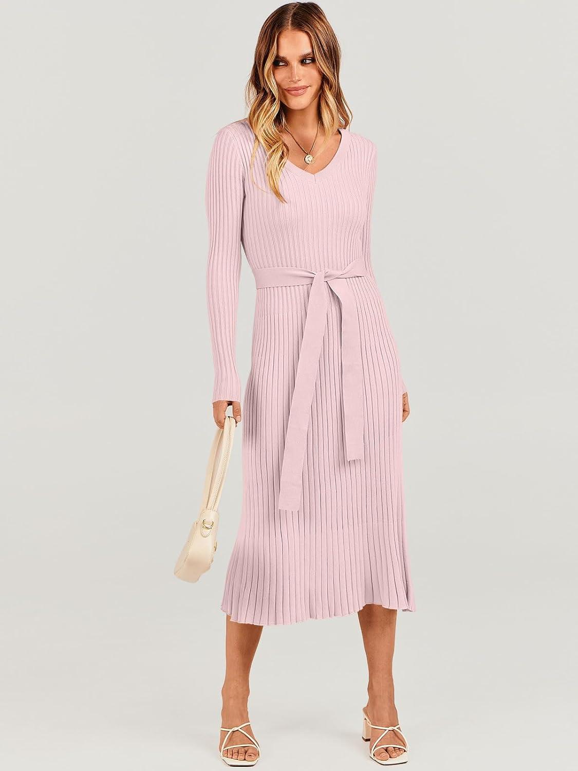 imageANRABESS Womens Long Sleeve Fall Dress 2025 V Neck Aline Tie Waist Ribbed Knit Bodycon Midi Sweater DressesPink