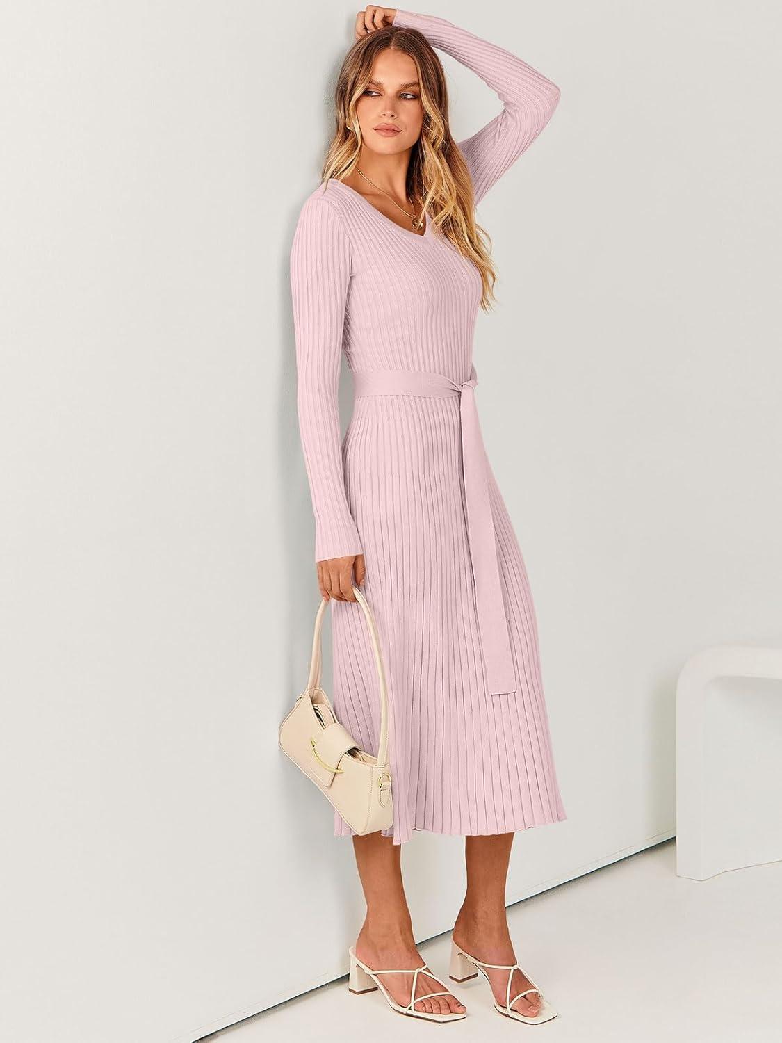 imageANRABESS Womens Long Sleeve Fall Dress 2025 V Neck Aline Tie Waist Ribbed Knit Bodycon Midi Sweater DressesPink